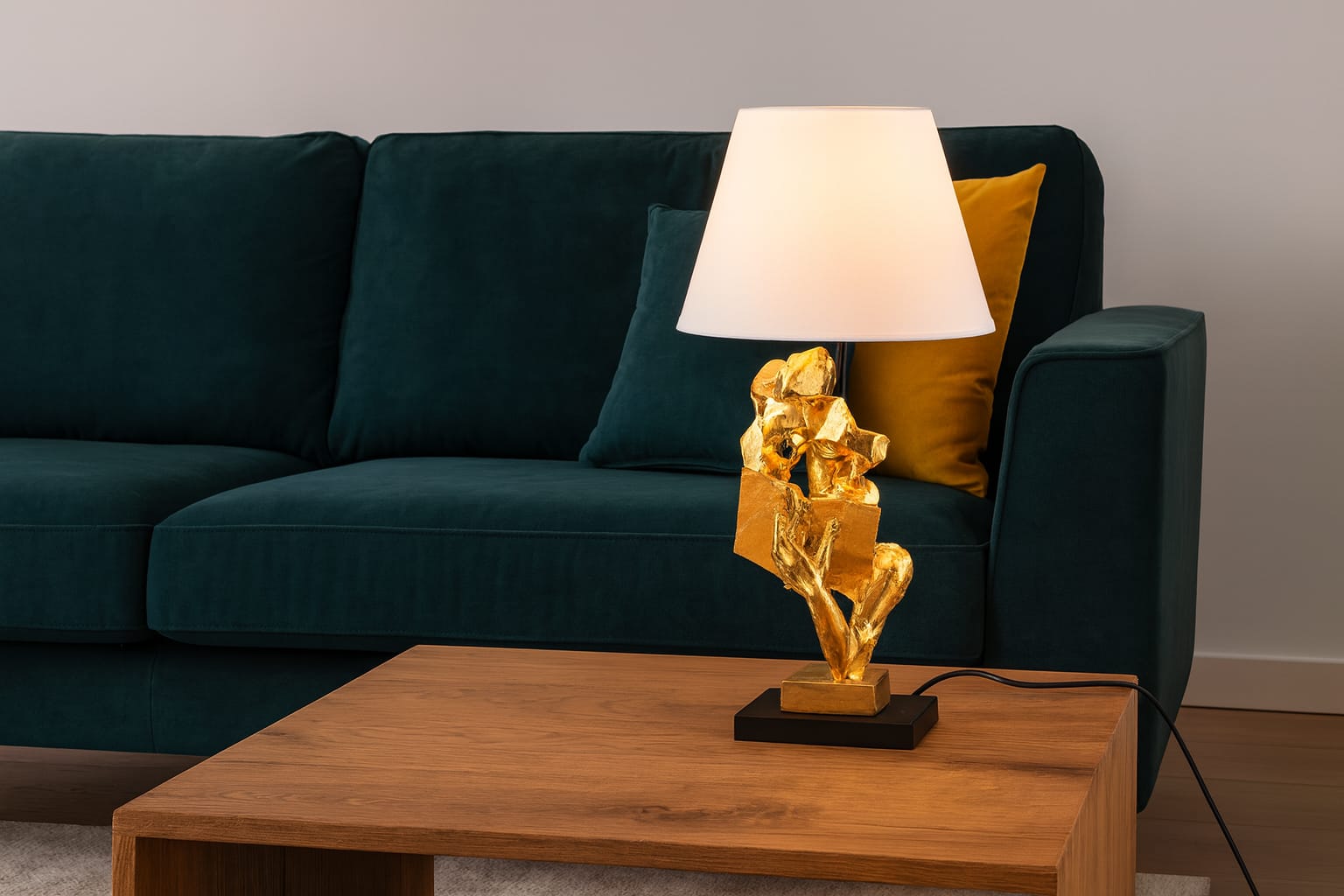 Candeeiro de Mesa – 30 x 30 x 57 cm – Dourado e Branco – Tecido 100% Poliéster