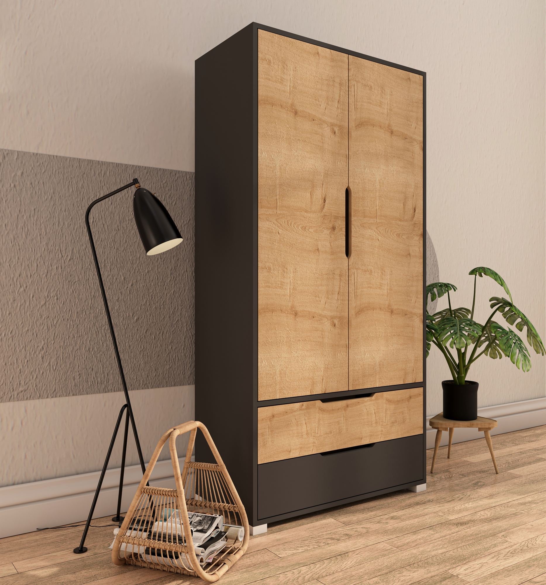 Guarda-roupa – 90 cm x 183 cm x 45 cm – Antracite e Carvalho Safira – Aglomerado revestido de melamina
