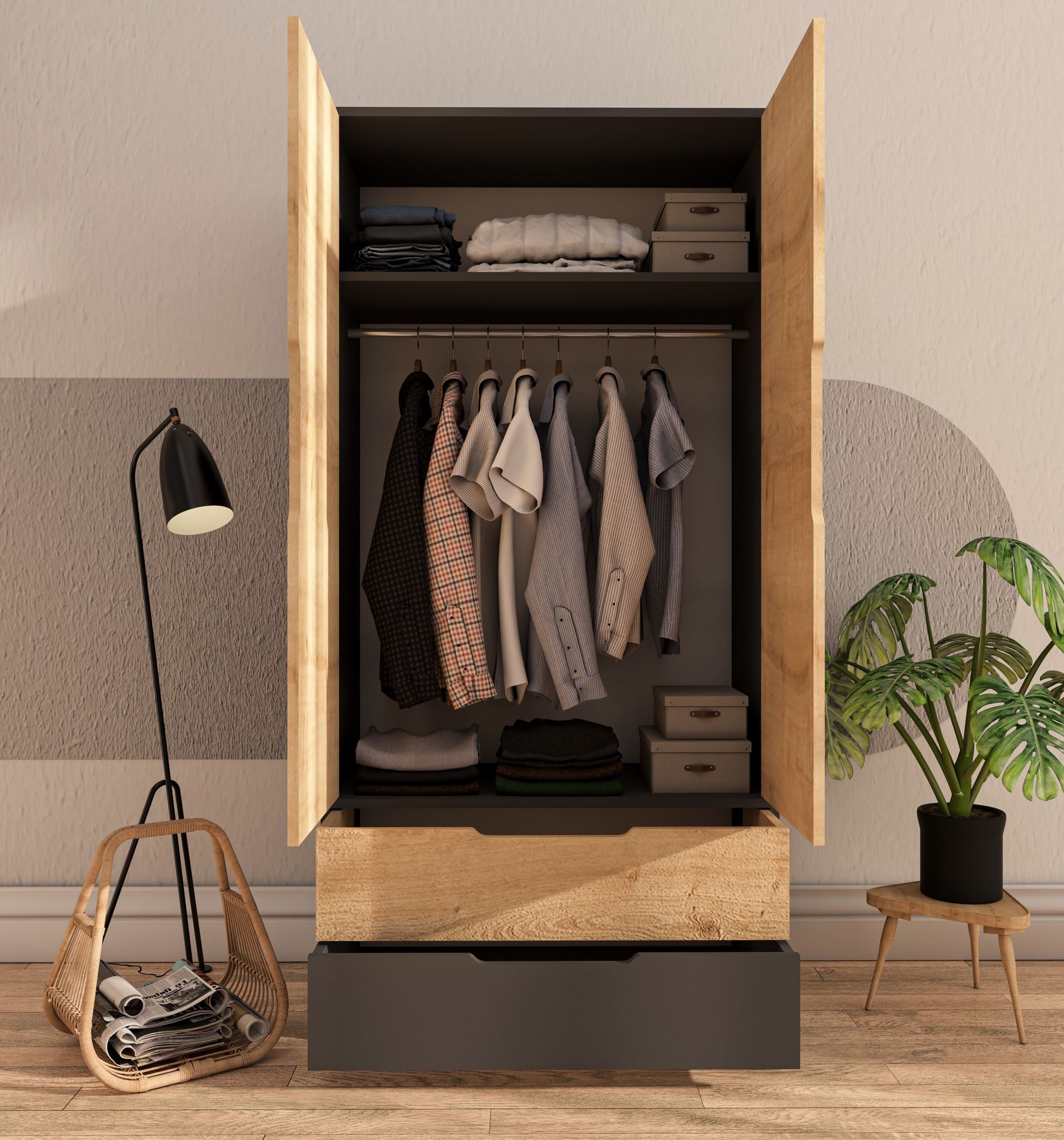 Guarda-roupa – 90 cm x 183 cm x 45 cm – Antracite e Carvalho Safira – Aglomerado revestido de melamina