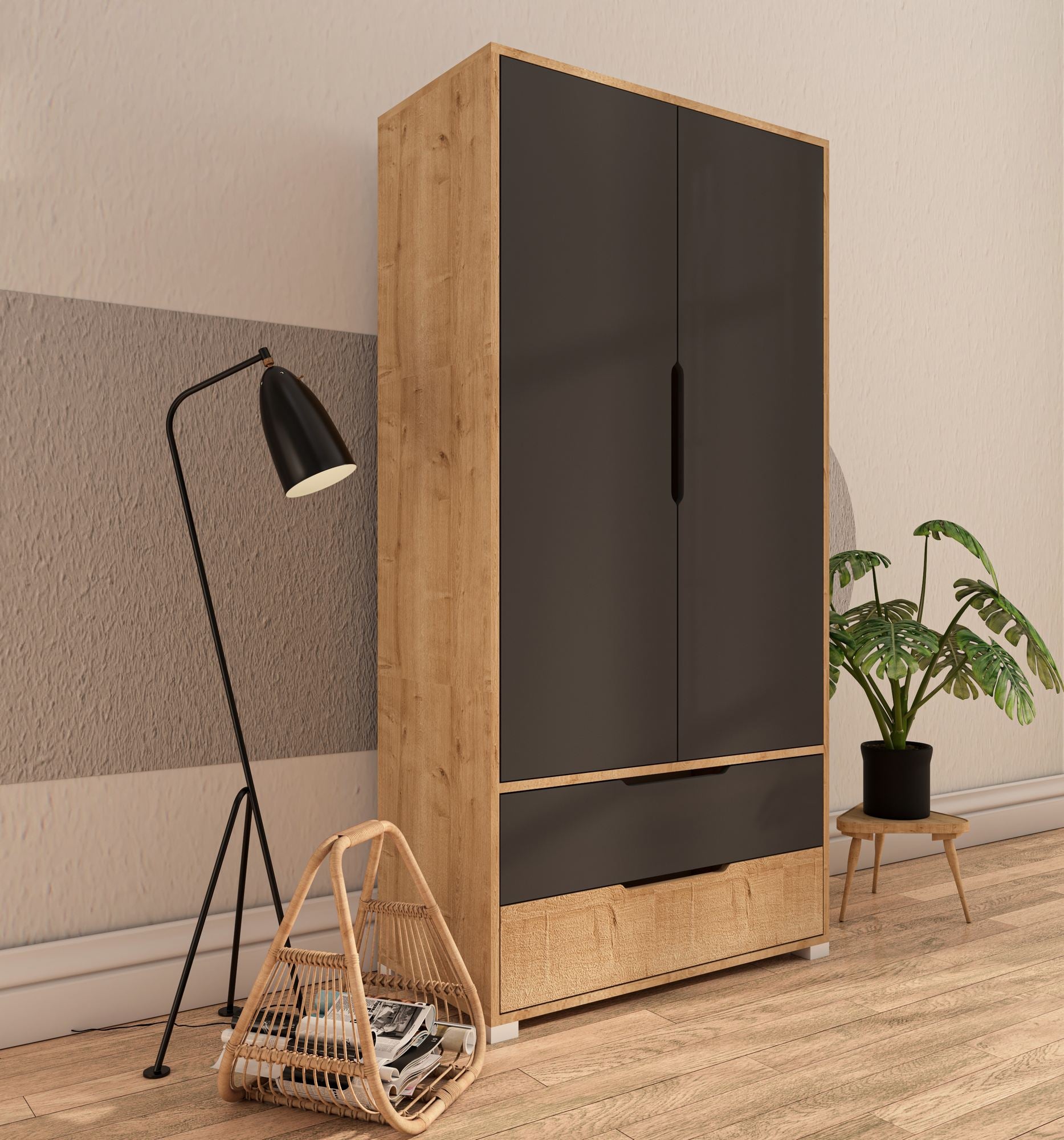 Guarda-Roupa – 90 cm x 183 cm x 45 cm – Carvalho Safira e Antracite – Aglomerado