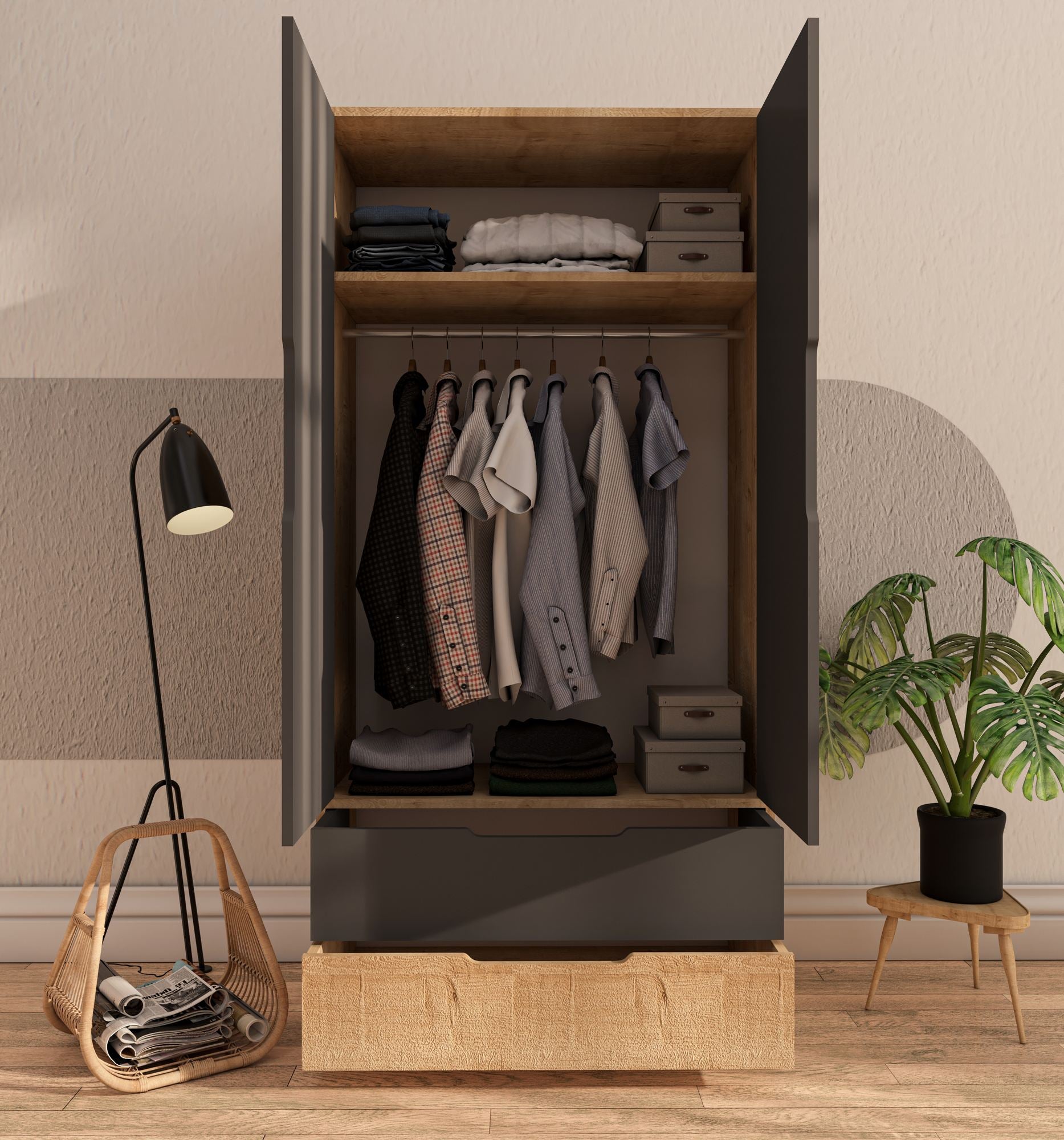 Guarda-Roupa – 90 cm x 183 cm x 45 cm – Carvalho Safira e Antracite – Aglomerado