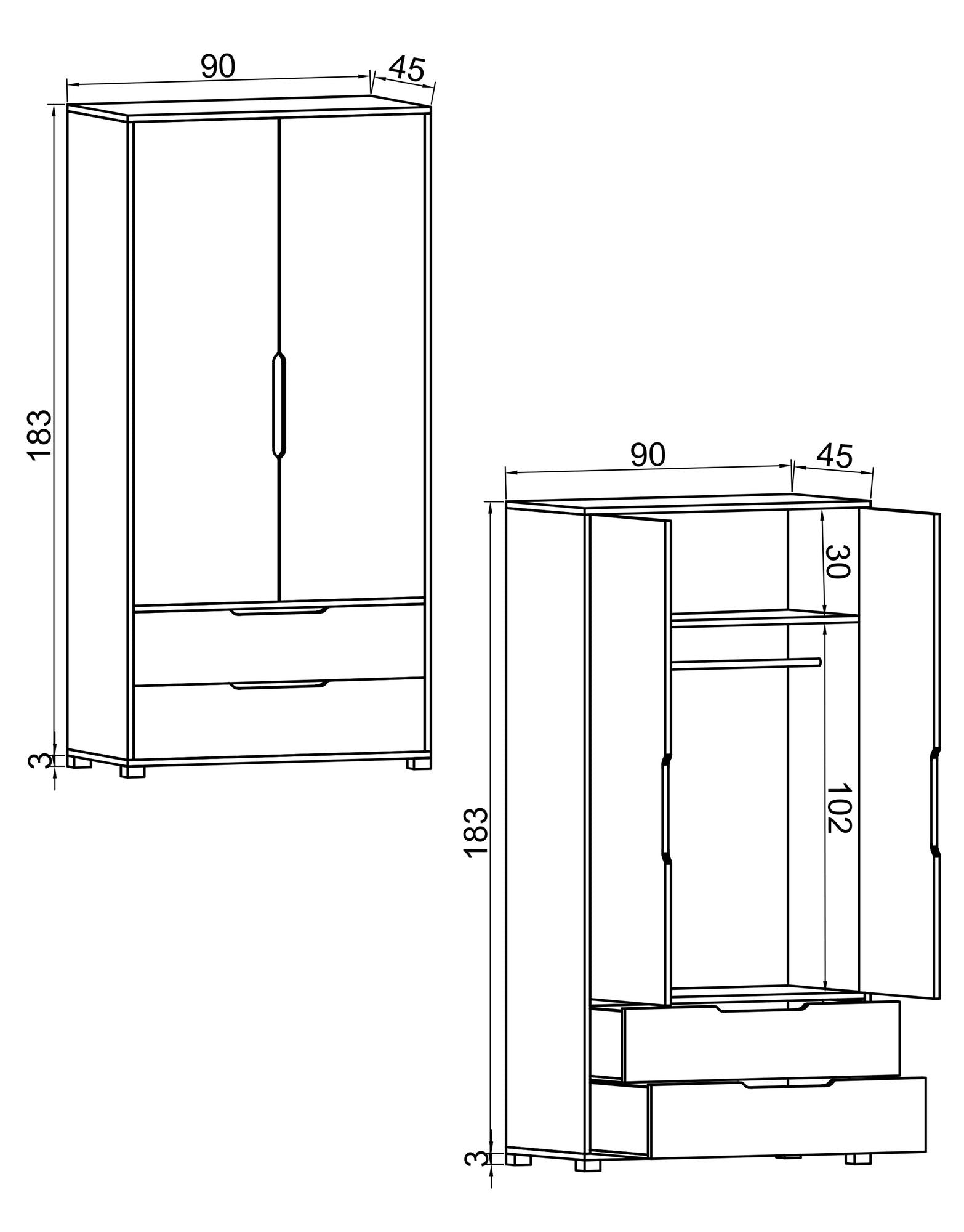 Guarda-Roupa – 90 cm x 183 cm x 45 cm – Carvalho Safira e Antracite – Aglomerado