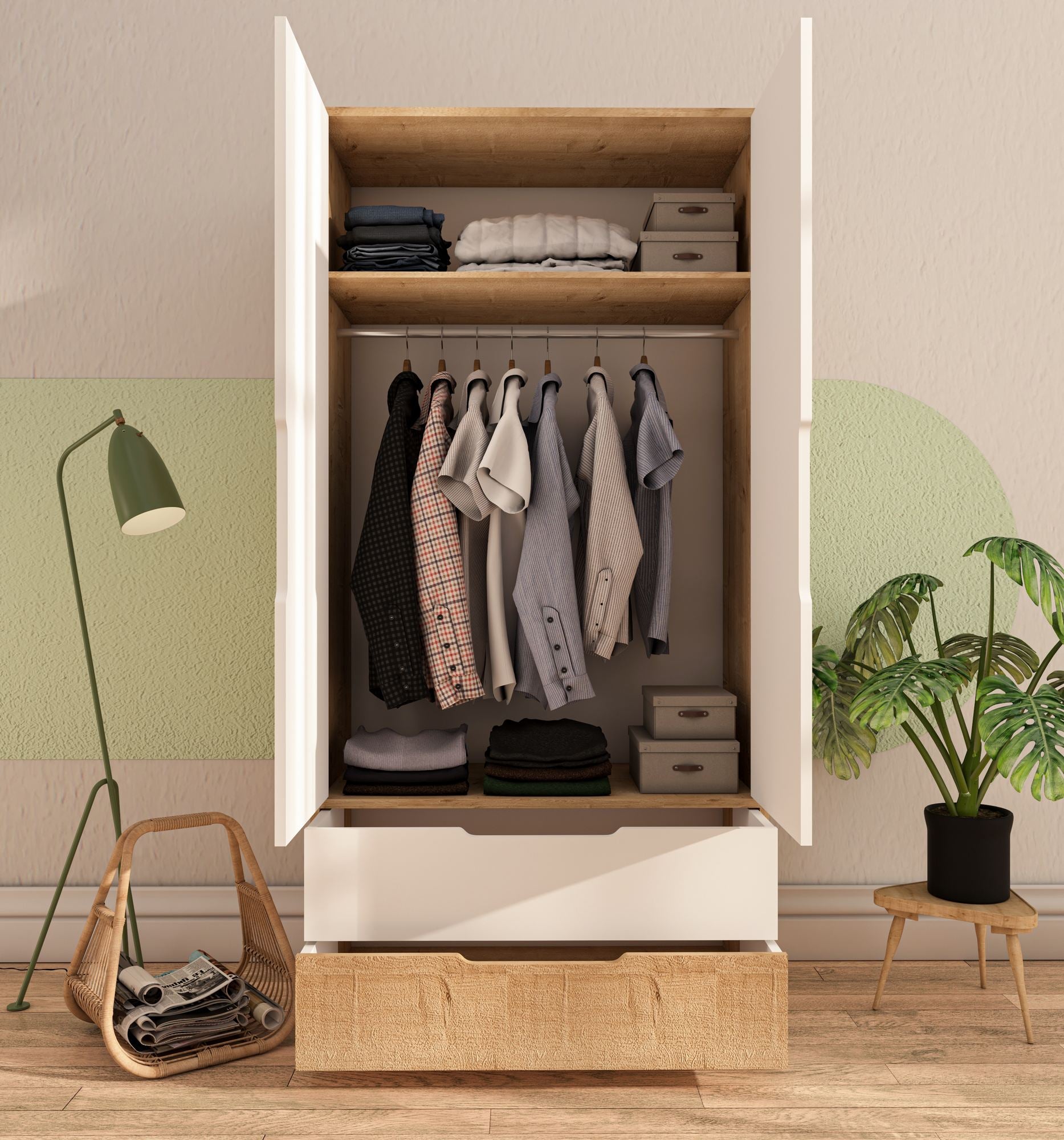 Guarda-roupa em Carvalho Safira e Branco – 90 cm largura – 183 cm altura – 45 cm profundidade – 100% chapas de partículas revestidas de melamina