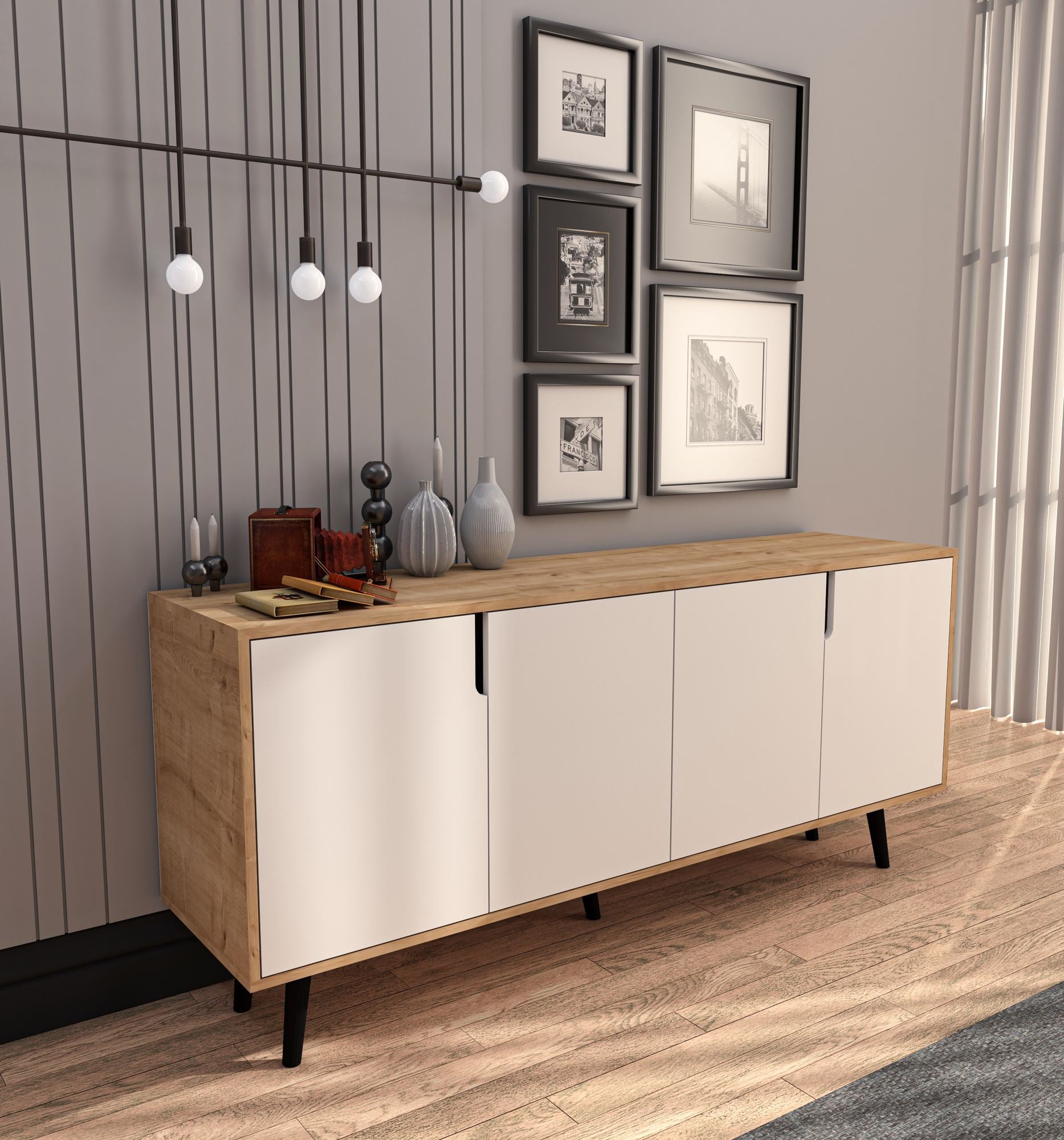 Aparador de Aglomerado Revestido de Melamina – 180 cm x 80 cm x 45 cm – Carvalho Safira e Branco