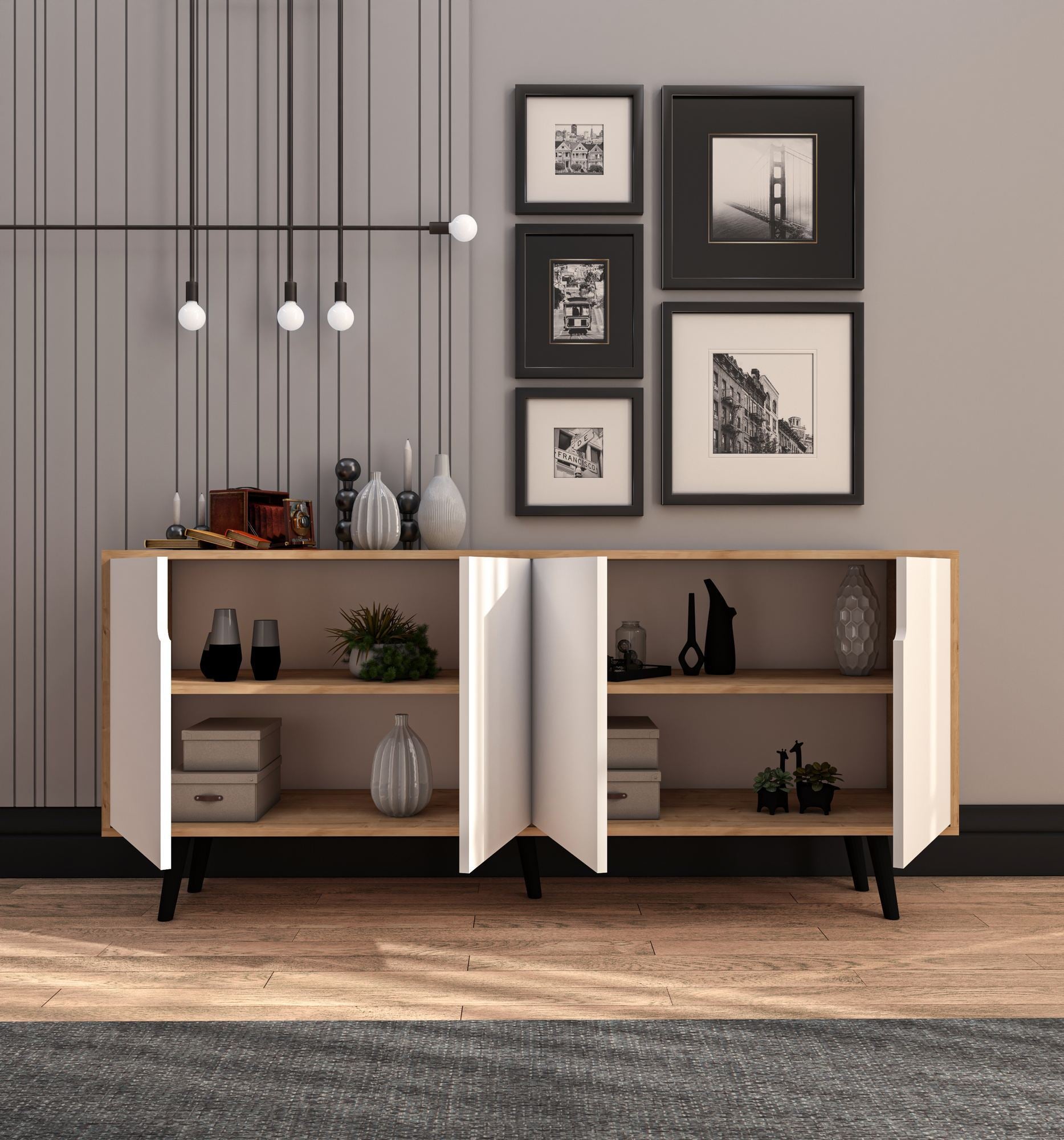 Aparador de Aglomerado Revestido de Melamina – 180 cm x 80 cm x 45 cm – Carvalho Safira e Branco