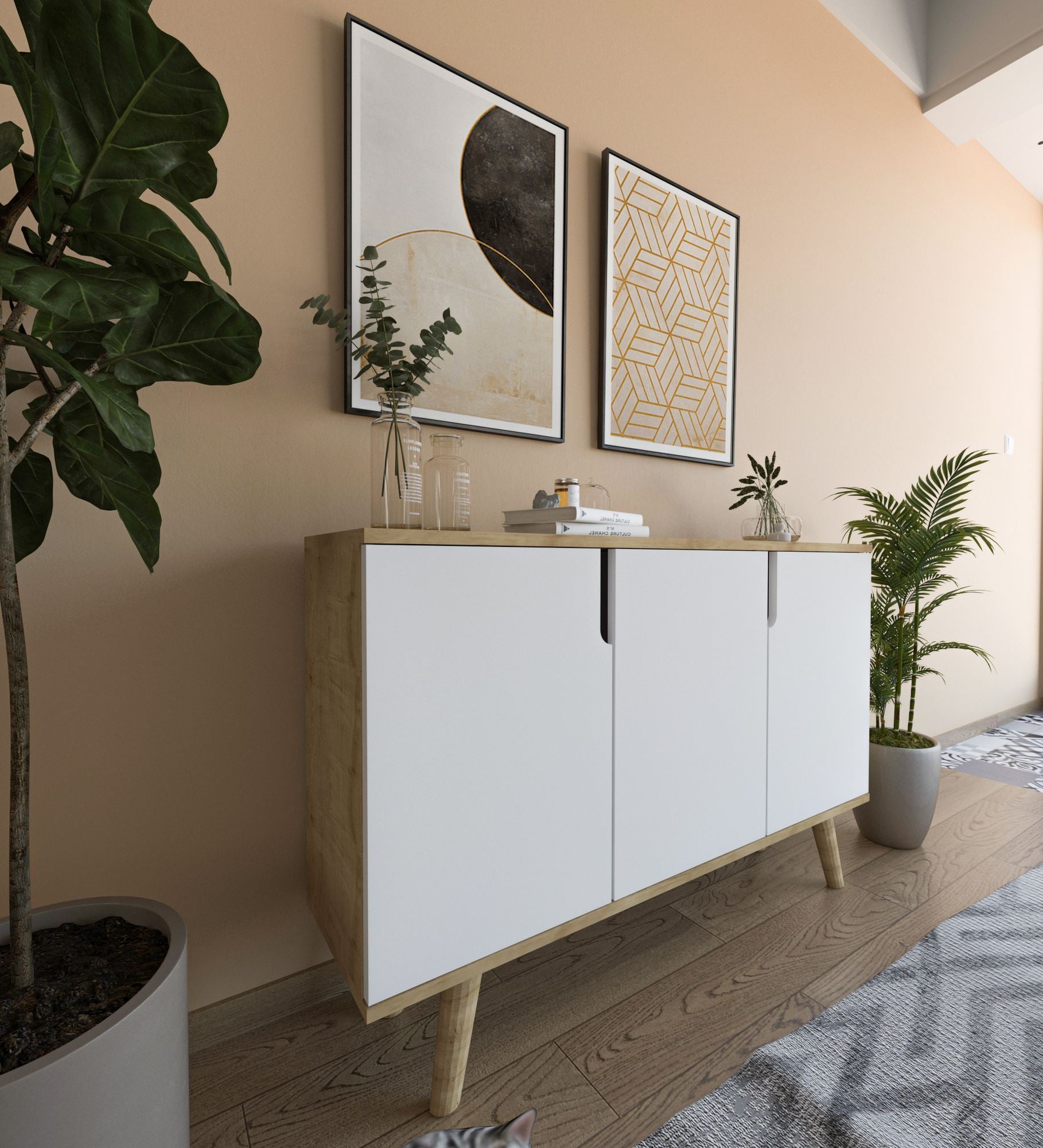 Aparador – 120 cm – Carvalho Safira e Branco – Aglomerado revestido de melamina