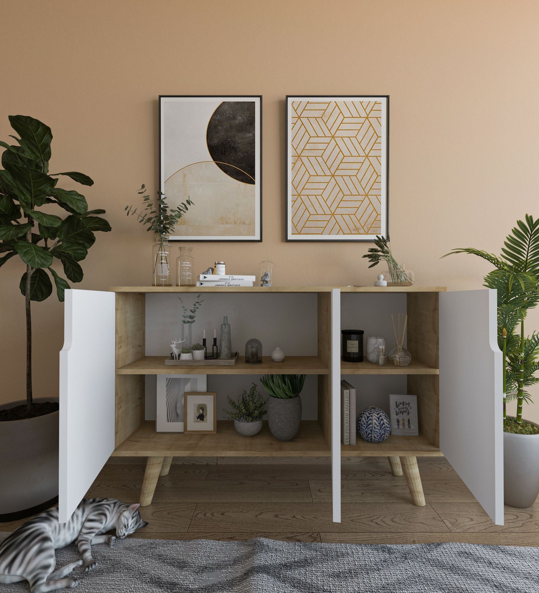 Aparador – 120 cm – Carvalho Safira e Branco – Aglomerado revestido de melamina