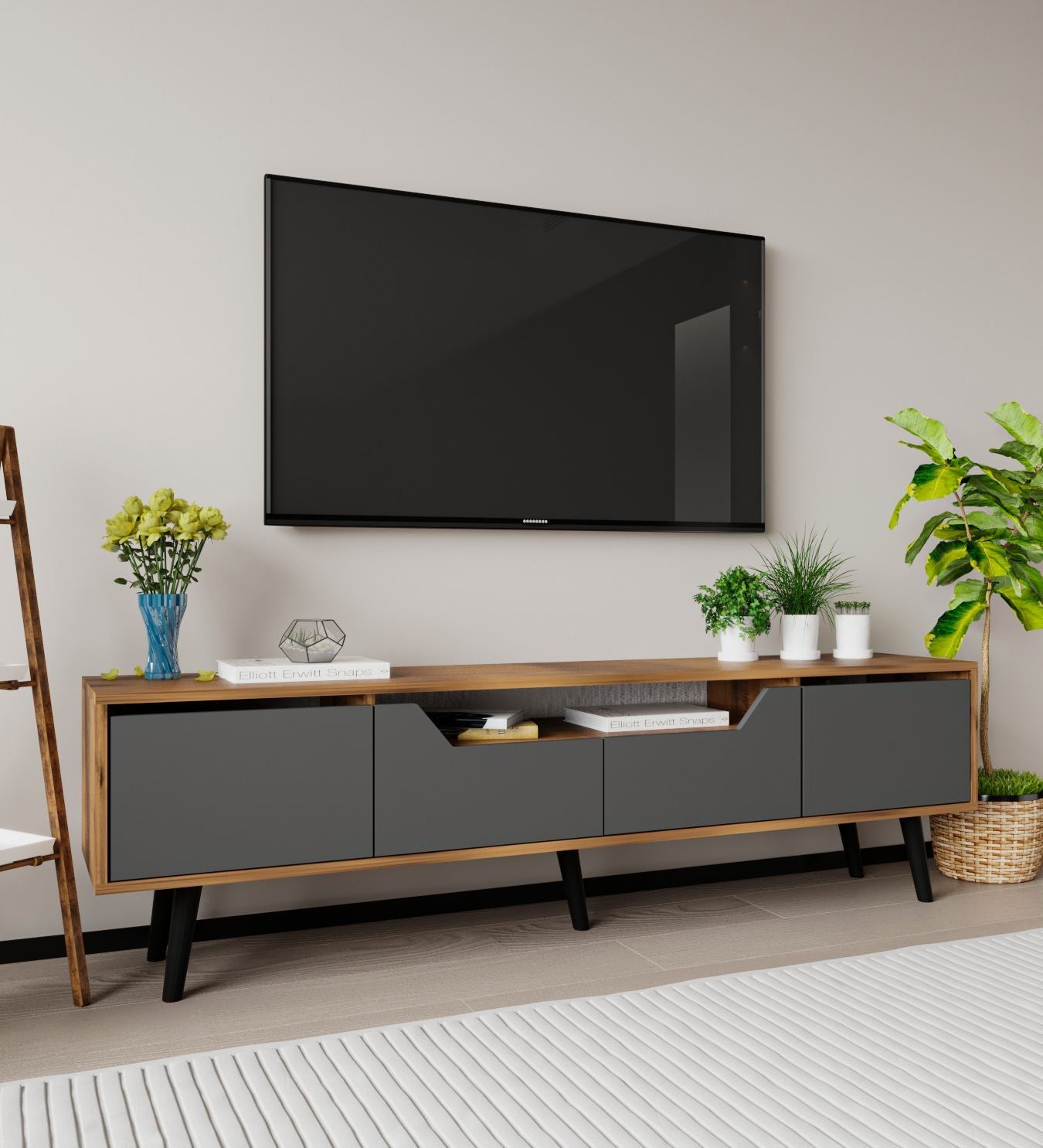 Móvel de TV – 180 cm – Nogueira e Antracite – Aglomerado com melamina