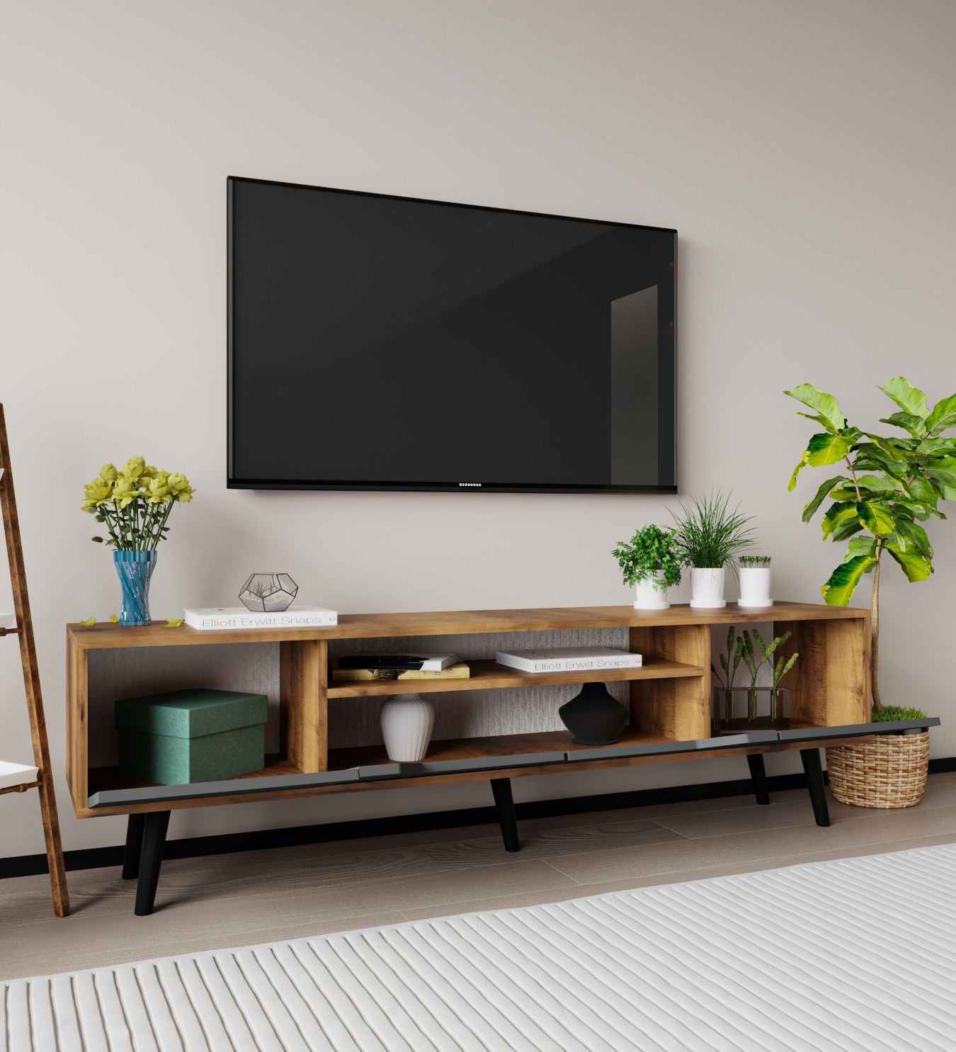 Móvel de TV – 180 cm – Nogueira e Antracite – Aglomerado com melamina