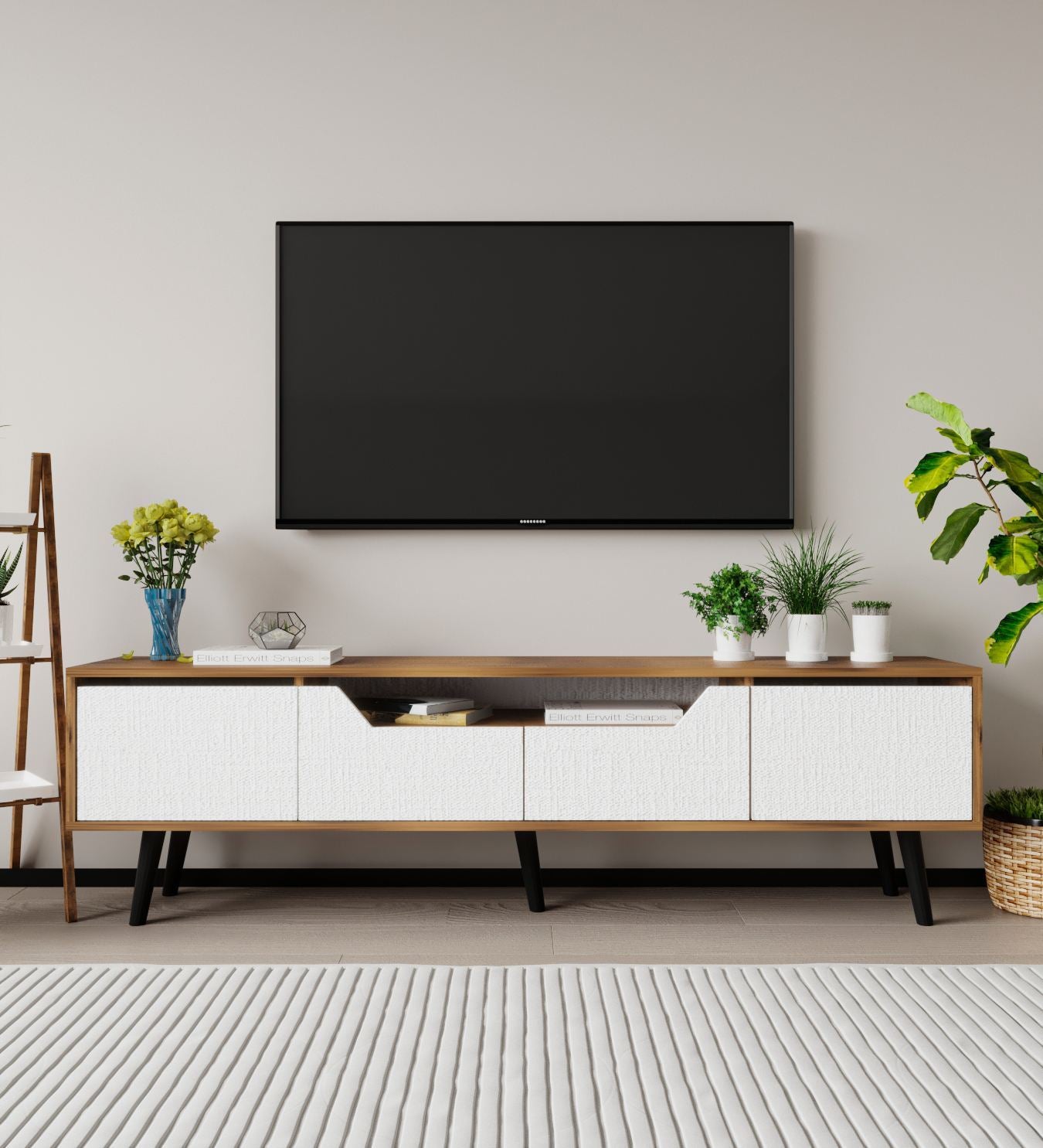 Móvel de TV – 180 cm – Nogueira e Branco – Aglomerado com melamina
