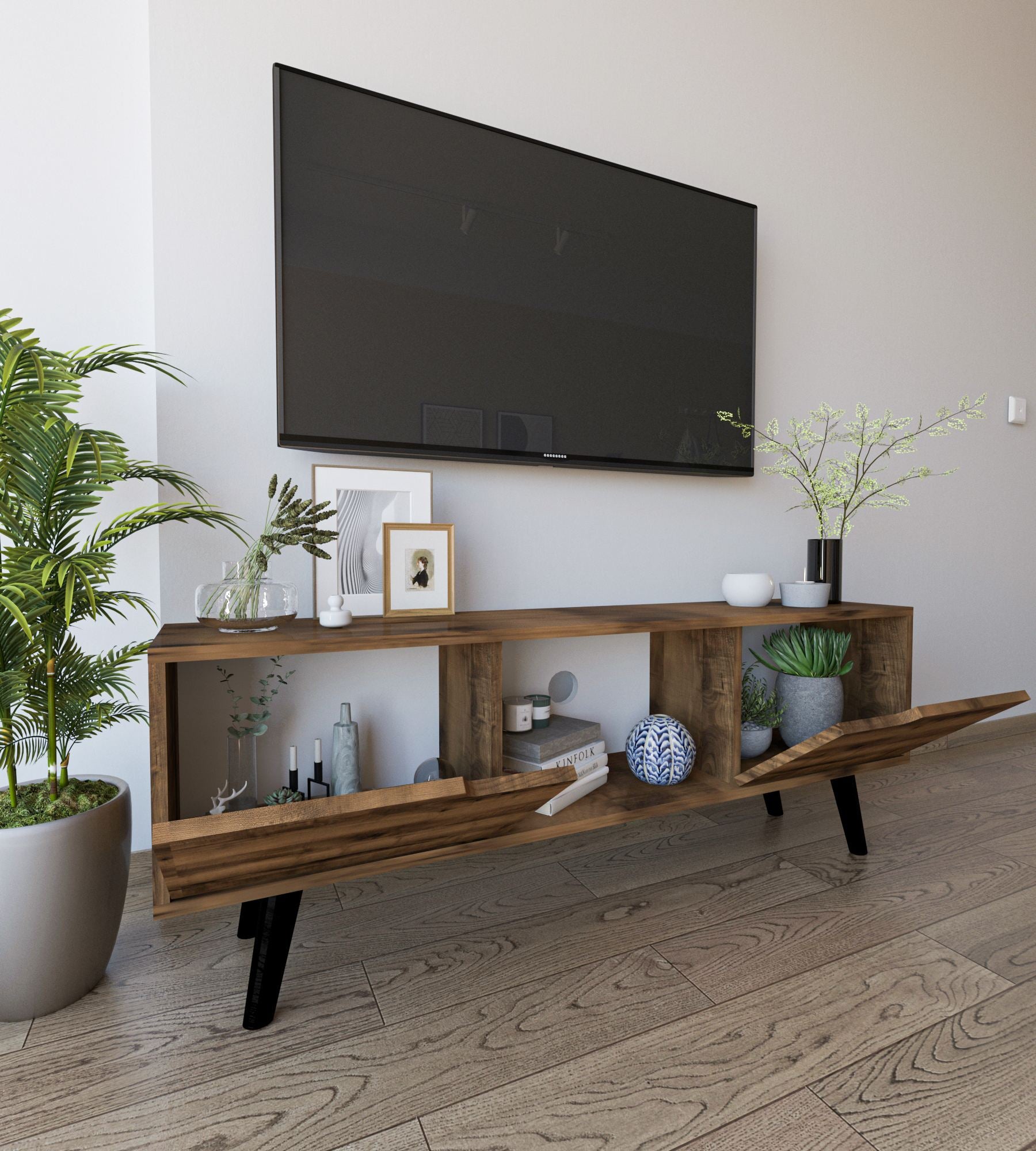 Móvel de TV – 139,7 cm x 53 cm x 53 cm – Nogueira – Aglomerado com melamina