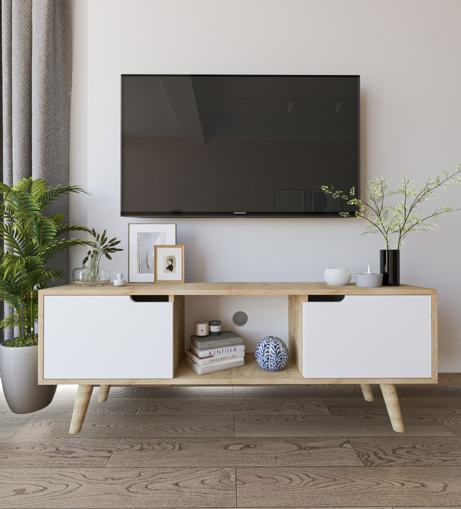 Estante para TV – 139,7 cm x 53 cm x 53 cm – Carvalho Safira e Branco – Aglomerado