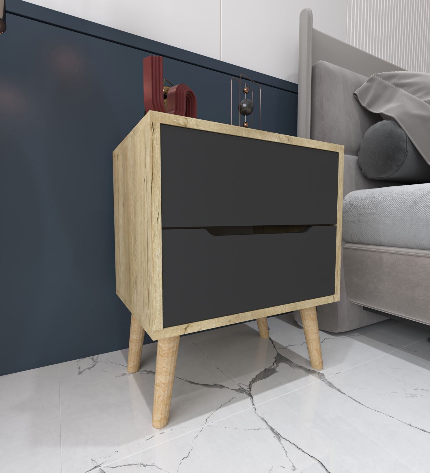 Mesa de cabeceira – 50 cm x 60 cm x 44 cm – Carvalho Safira e Antracite – Aglomerado revestido de melamina e pernas de madeira