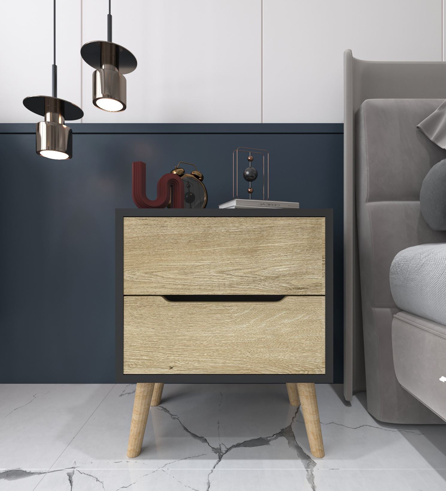 Mesa de cabeceira – 50 cm x 60 cm x 44 cm – Antracite e Carvalho Safira – Aglomerado