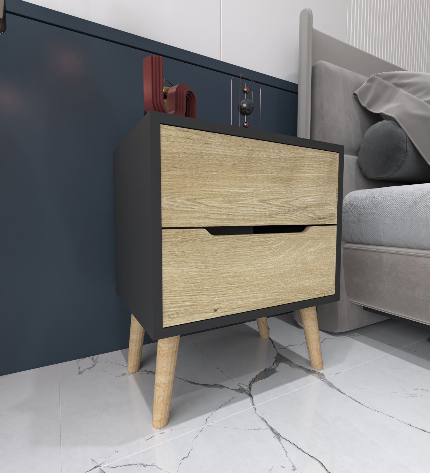 Mesa de cabeceira – 50 cm x 60 cm x 44 cm – Antracite e Carvalho Safira – Aglomerado