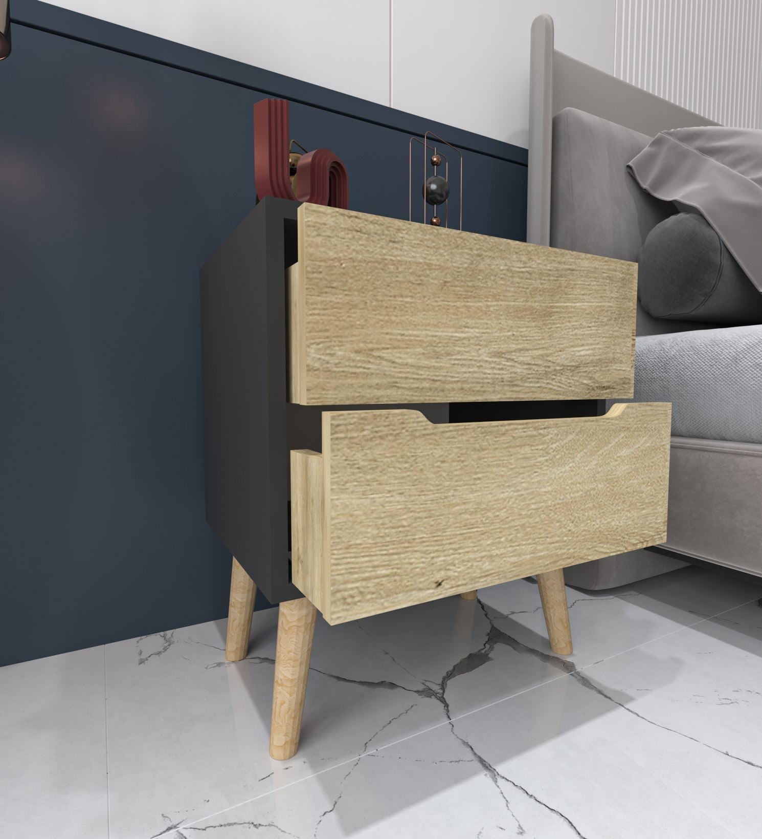 Mesa de cabeceira – 50 cm x 60 cm x 44 cm – Antracite e Carvalho Safira – Aglomerado