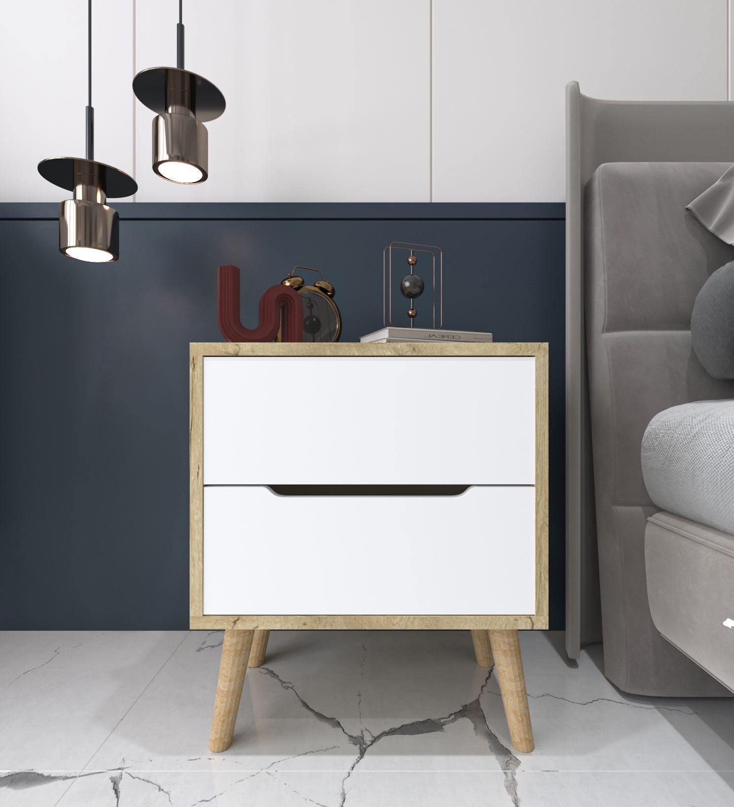 Mesa de cabeceira – 50 cm x 60 cm x 44 cm – Carvalho Safira e Branco – Aglomerado
