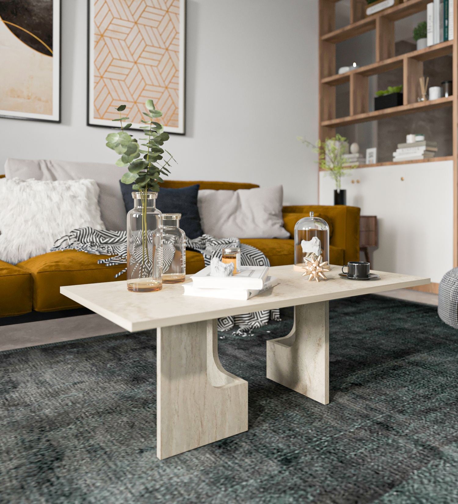 Mesa de Centro – 104 cm x 37 cm x 51,7 cm – Travertino – Chipboard revestido de melamina