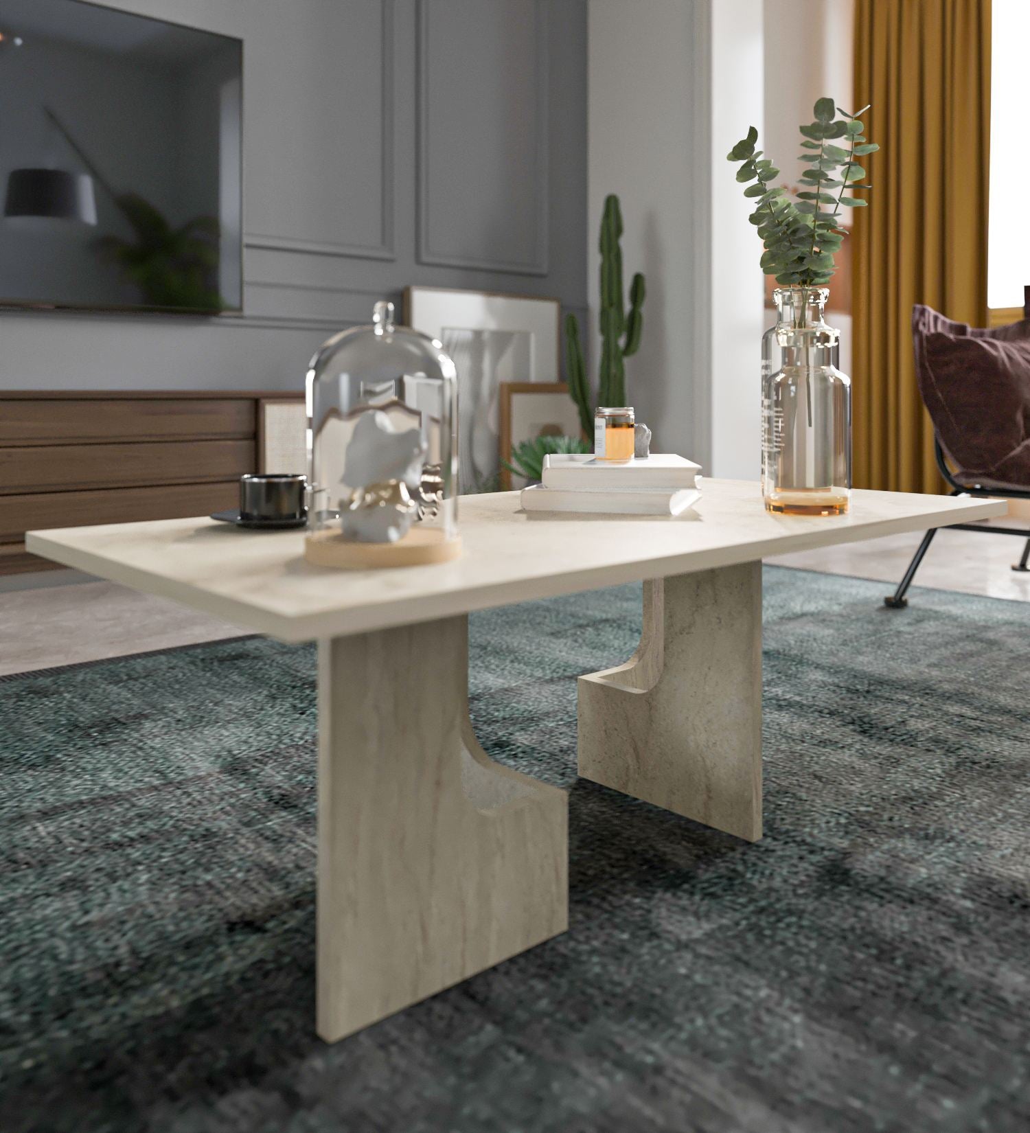 Mesa de Centro – 104 cm x 37 cm x 51,7 cm – Travertino – Chipboard revestido de melamina