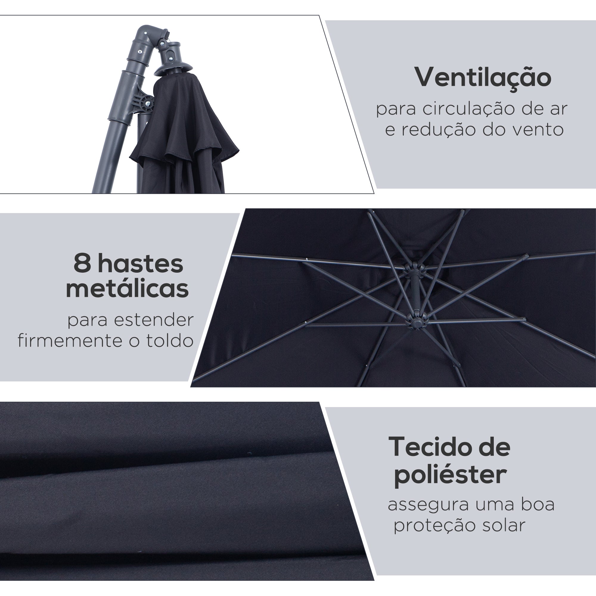 Chapéu de Sol – Ø300x260cm – Preto – Metal e Poliéster