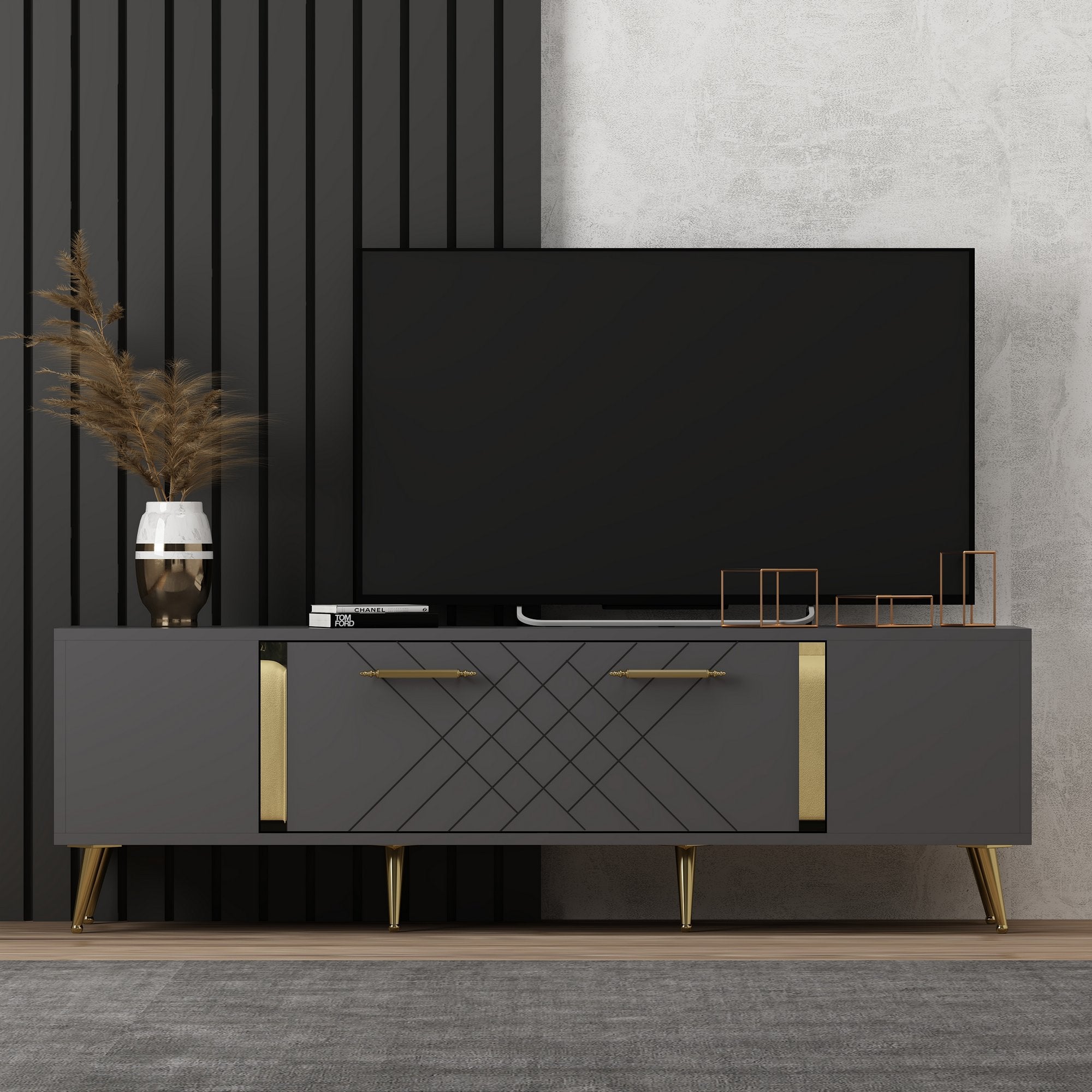 Móvel de TV moderno – 150 cm x 48,2 cm x 35 cm – Antracite e Dourado – Painéis de partículas revestidos de melamina