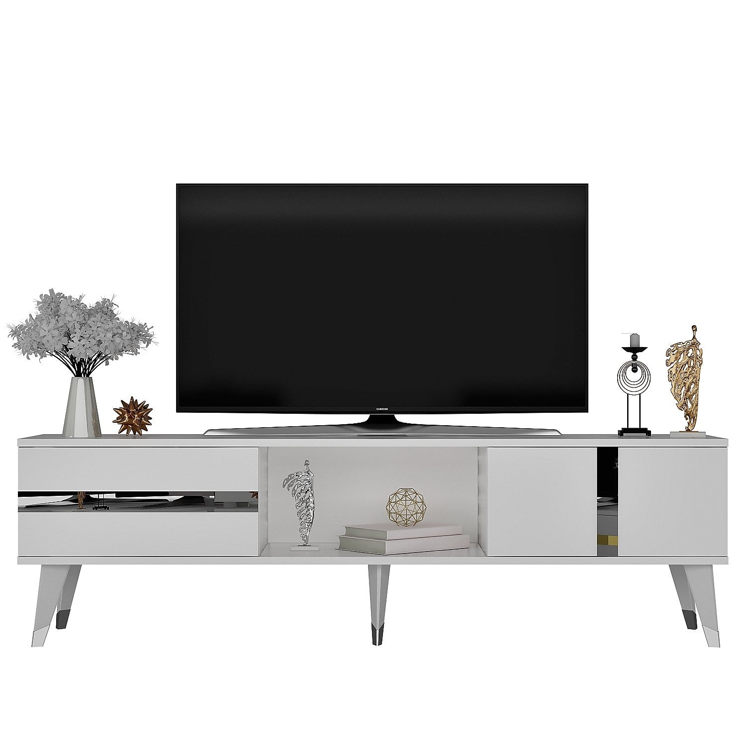 Móvel de TV – 150cm – Branco e Prata – Painel de partículas