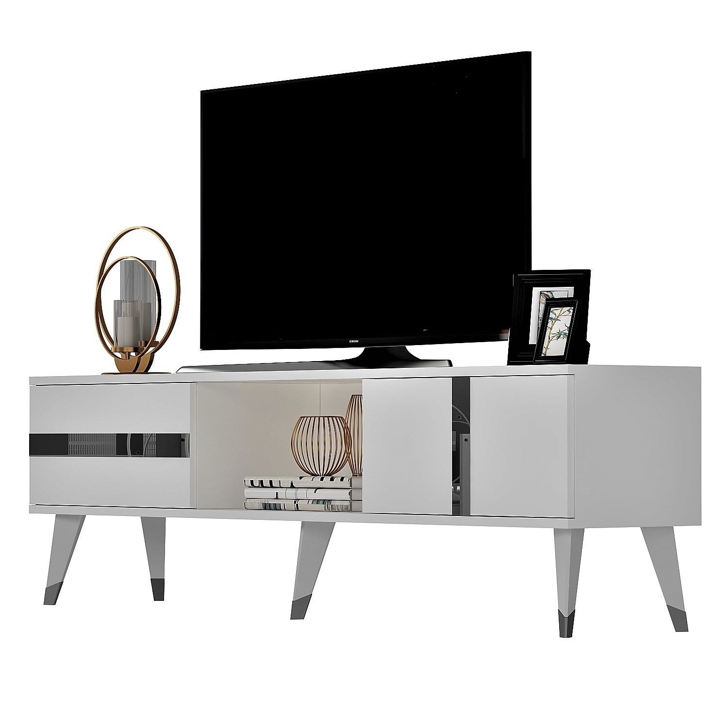 Móvel de TV – 150cm – Branco e Prata – Painel de partículas