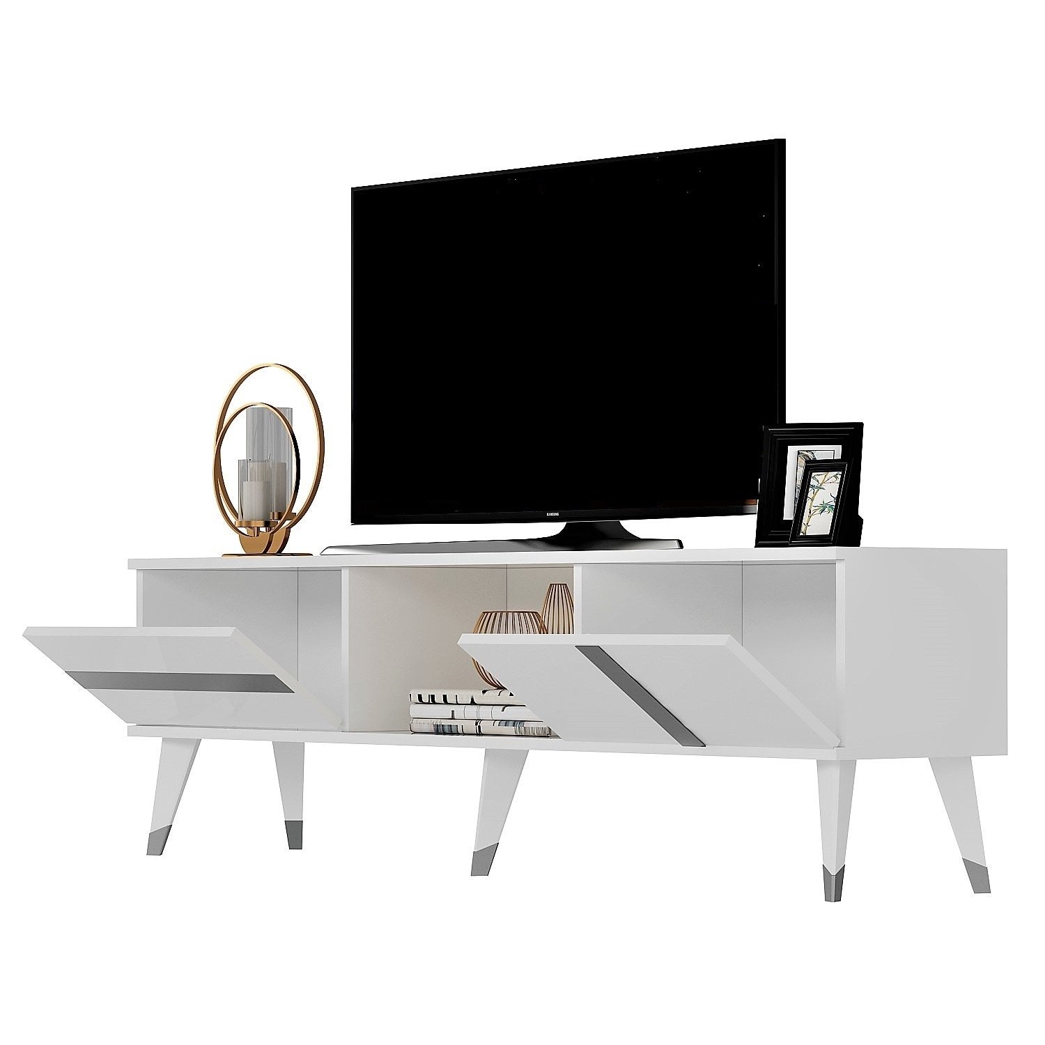 Móvel de TV – 150cm – Branco e Prata – Painel de partículas