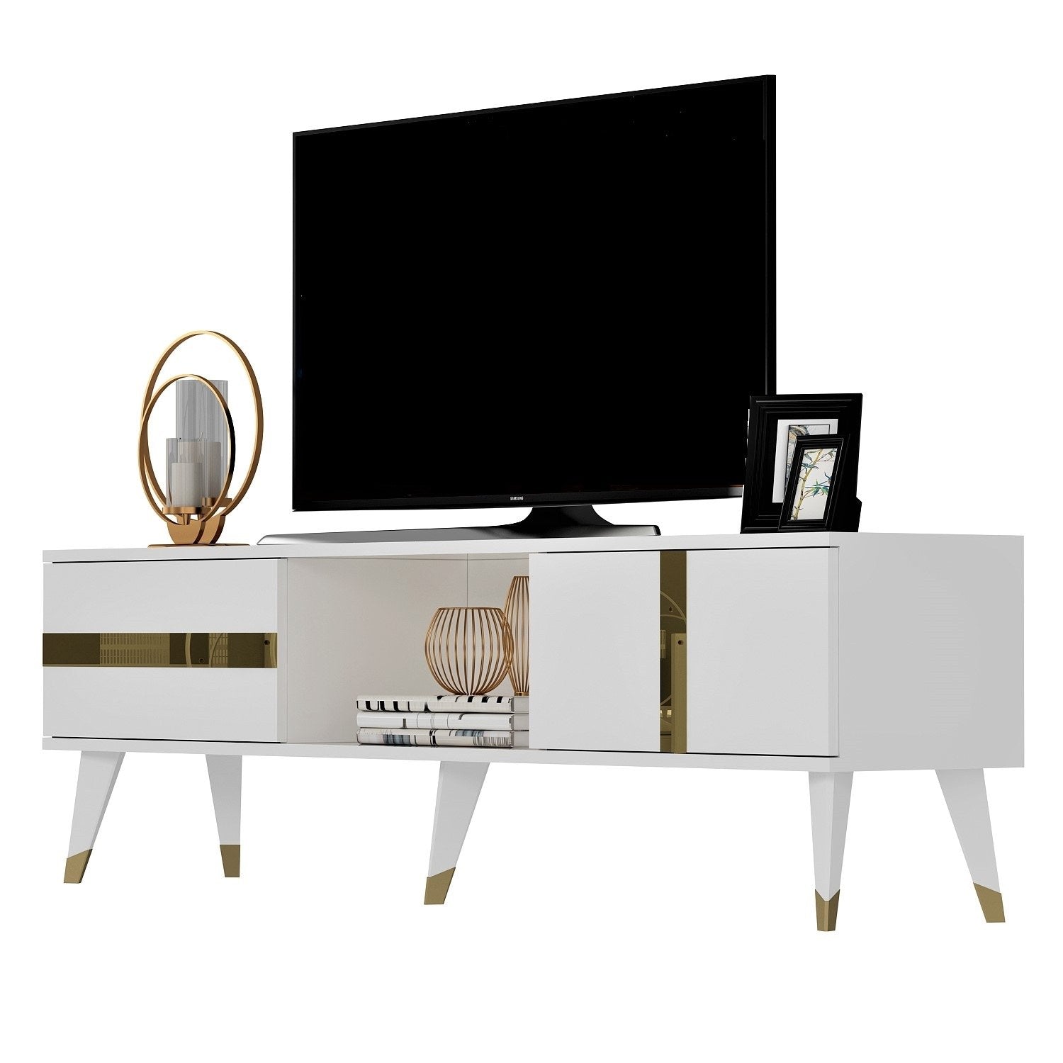 Móvel de TV – 150cm x 29.6cm x 50cm – Branco e Dourado – Melamina