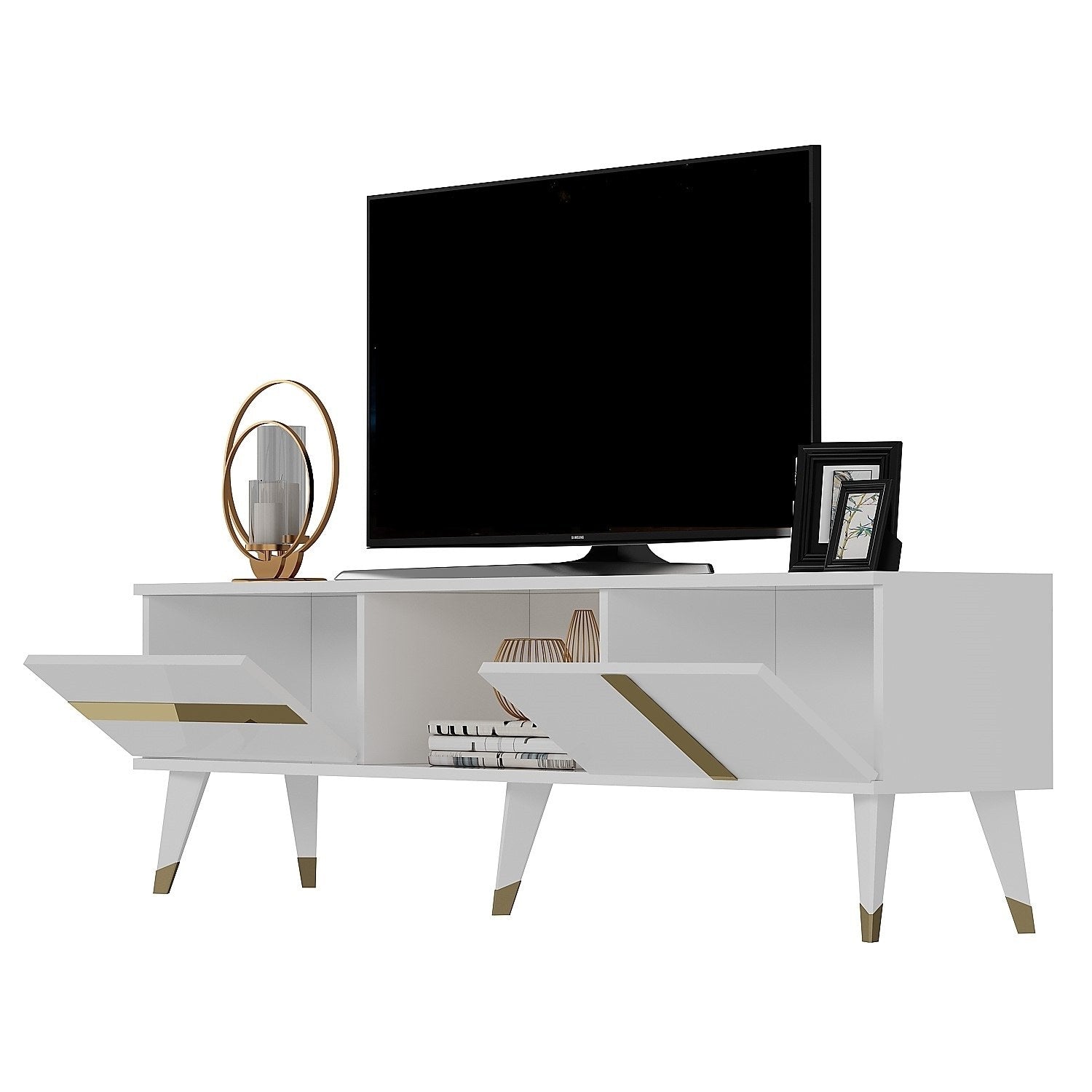 Móvel de TV – 150cm x 29.6cm x 50cm – Branco e Dourado – Melamina