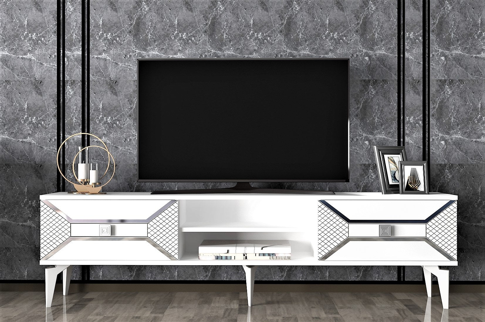 Móvel de TV – 150 cm de largura – Branco e prateado – Painel de partículas revestido de melamina
