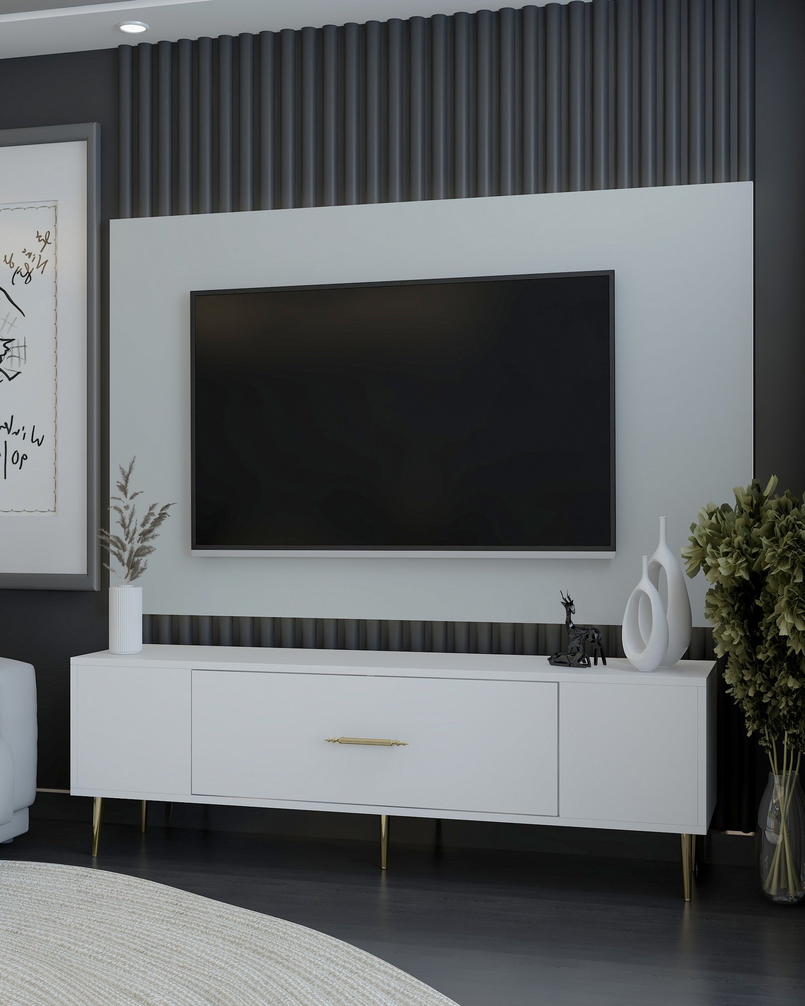 Móvel de TV – 150cm x 48.2cm x 29.6cm – Branco e Dourado – MDF