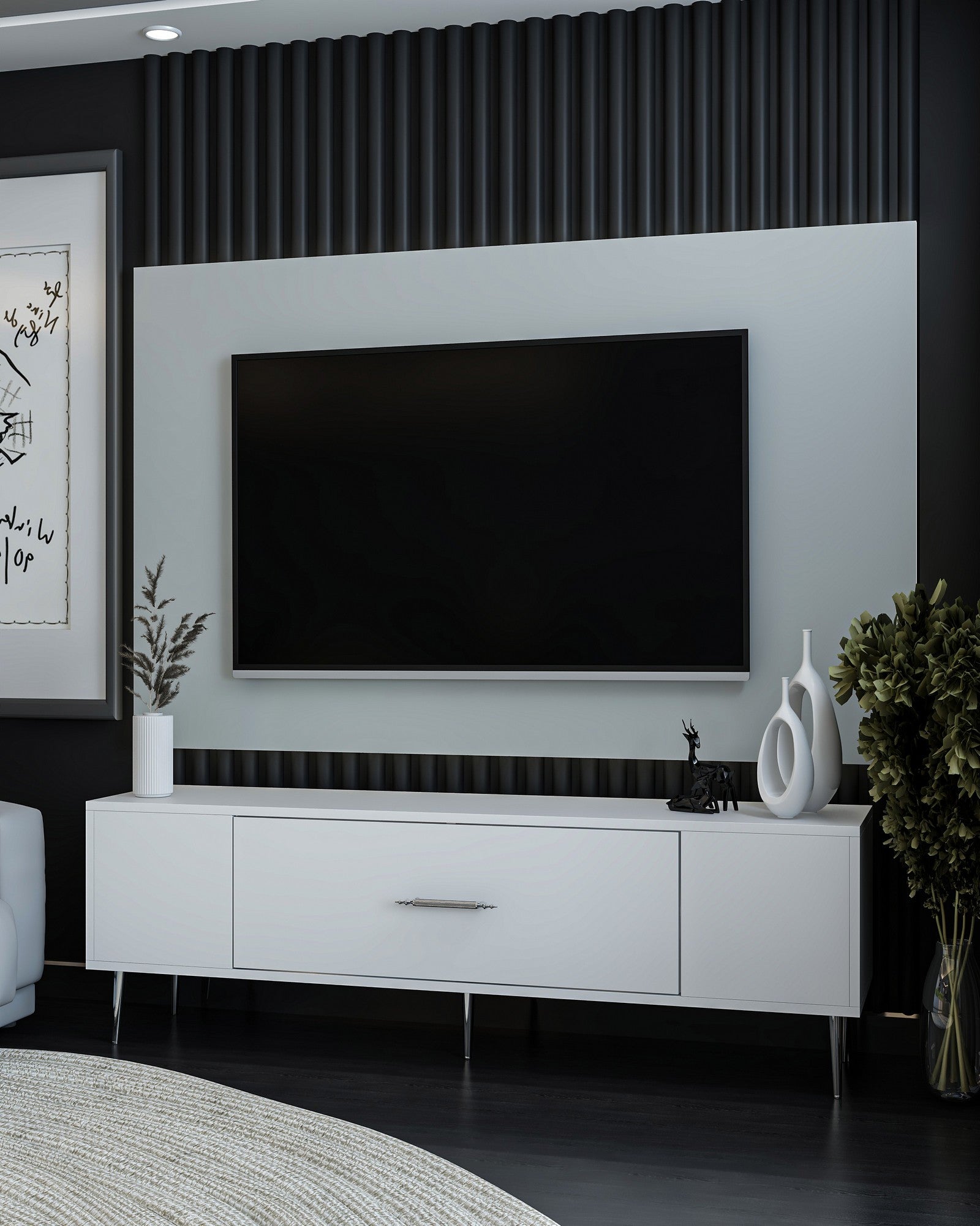 Móvel de TV – 150cm x 48,2cm x 29,6cm – Branco e Prata – MDF