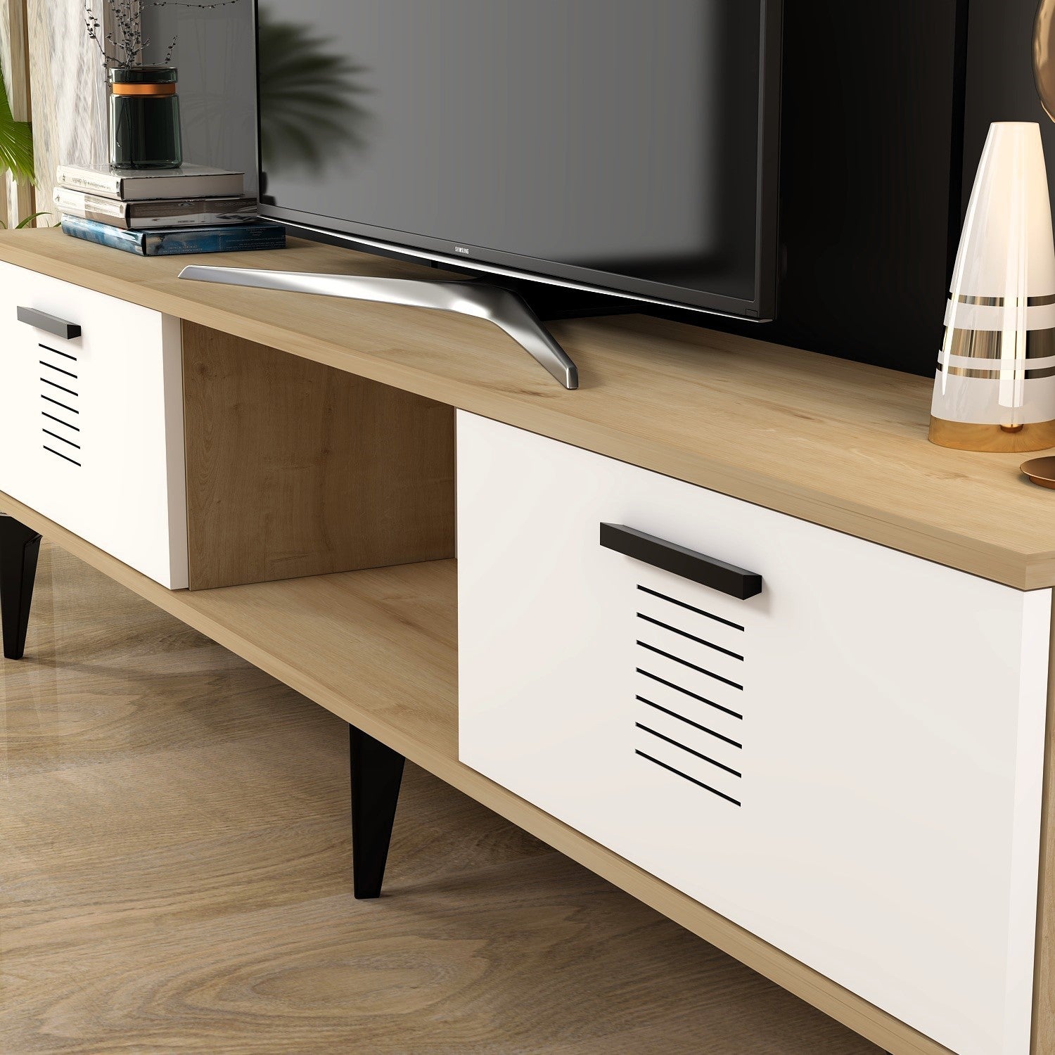 Móvel de TV – 150 cm x 44,6 cm x 29,6 cm – Carvalho Safira e Branco – MDF