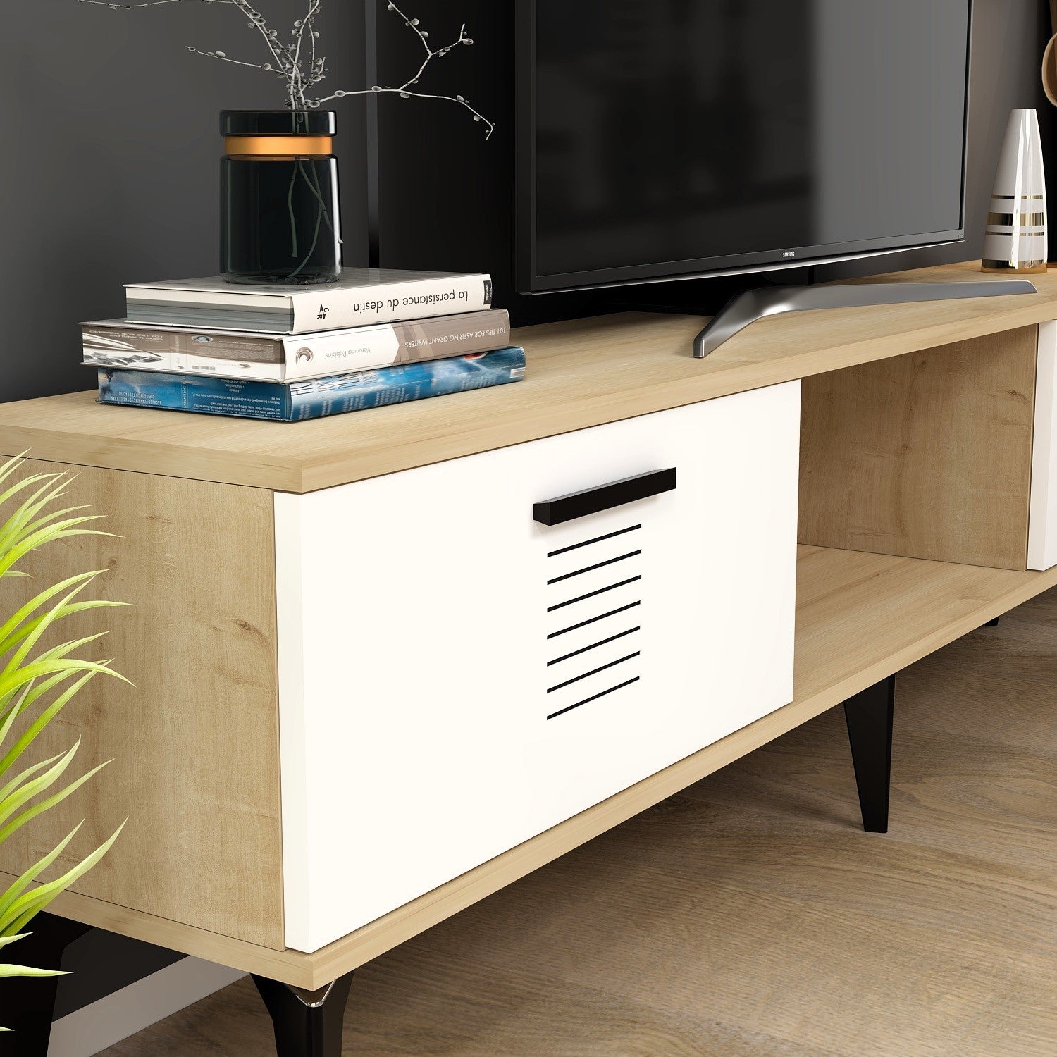 Móvel de TV – 150 cm x 44,6 cm x 29,6 cm – Carvalho Safira e Branco – MDF