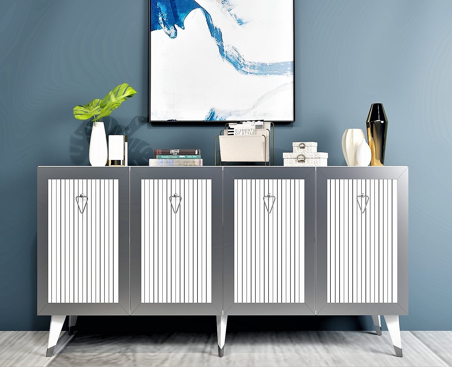 Aparador – 150 cm x 40 cm x 80 cm – Branco e Prateado – Painel de partículas revestido a melamina