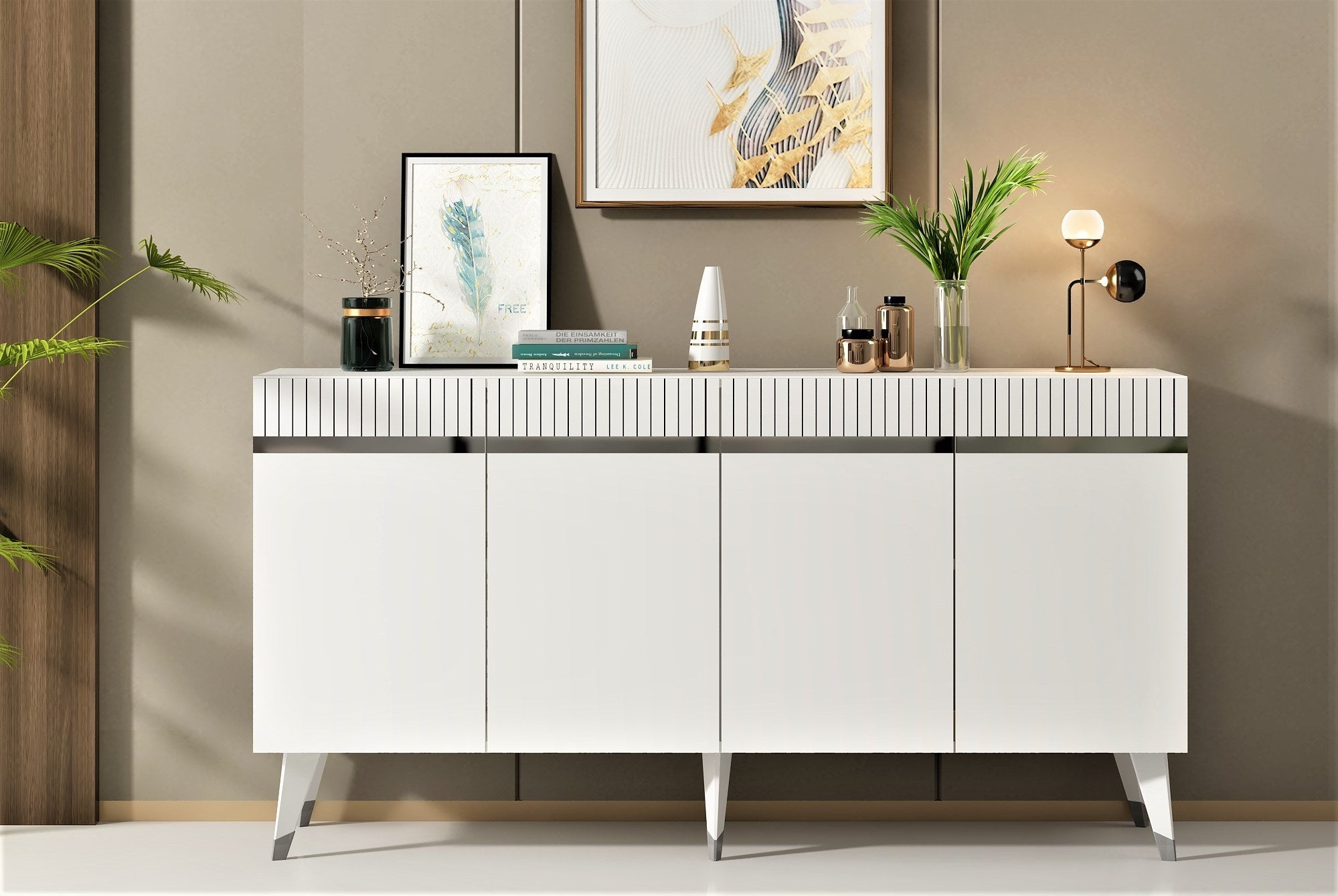 Aparador – 150 cm x 80 cm x 40 cm – Branco e Prateado – Painel de Partículas