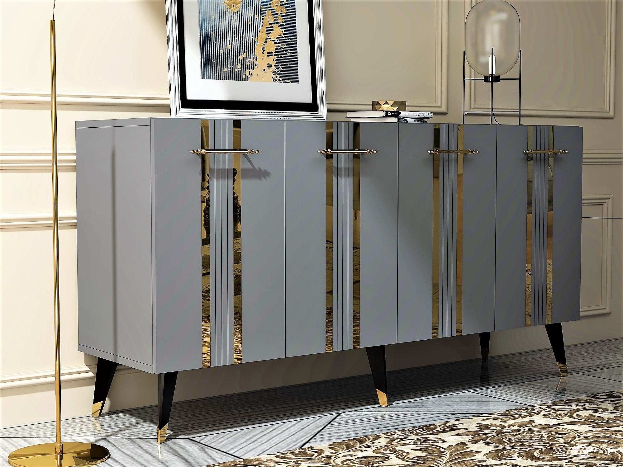 Aparador – 150cm x 80cm x 40cm – Antracite e Dourado – Painel de partículas revestido a melamina