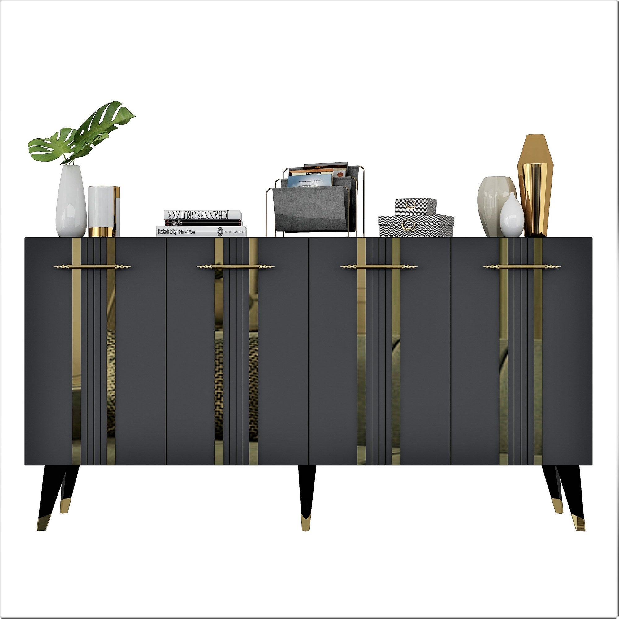 Aparador – 150cm x 80cm x 40cm – Antracite e Dourado – Painel de partículas revestido a melamina