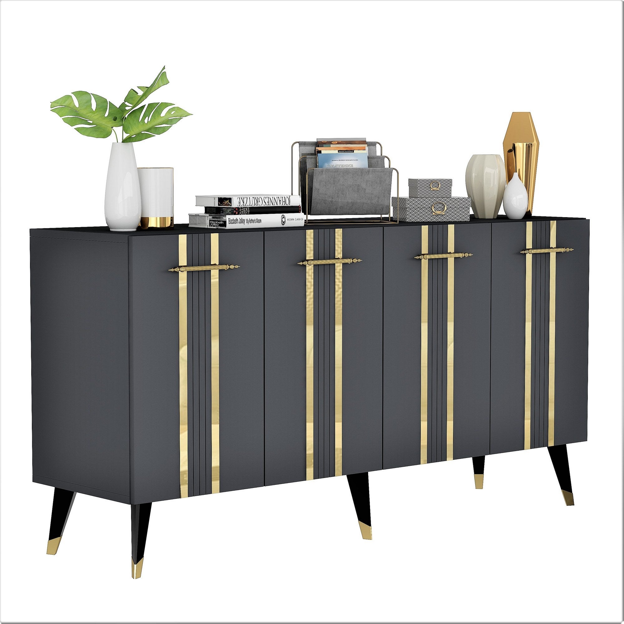 Aparador – 150cm x 80cm x 40cm – Antracite e Dourado – Painel de partículas revestido a melamina