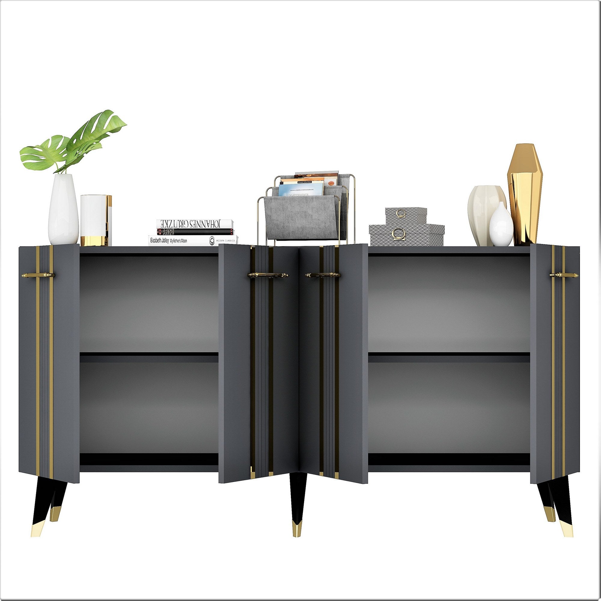 Aparador – 150cm x 80cm x 40cm – Antracite e Dourado – Painel de partículas revestido a melamina