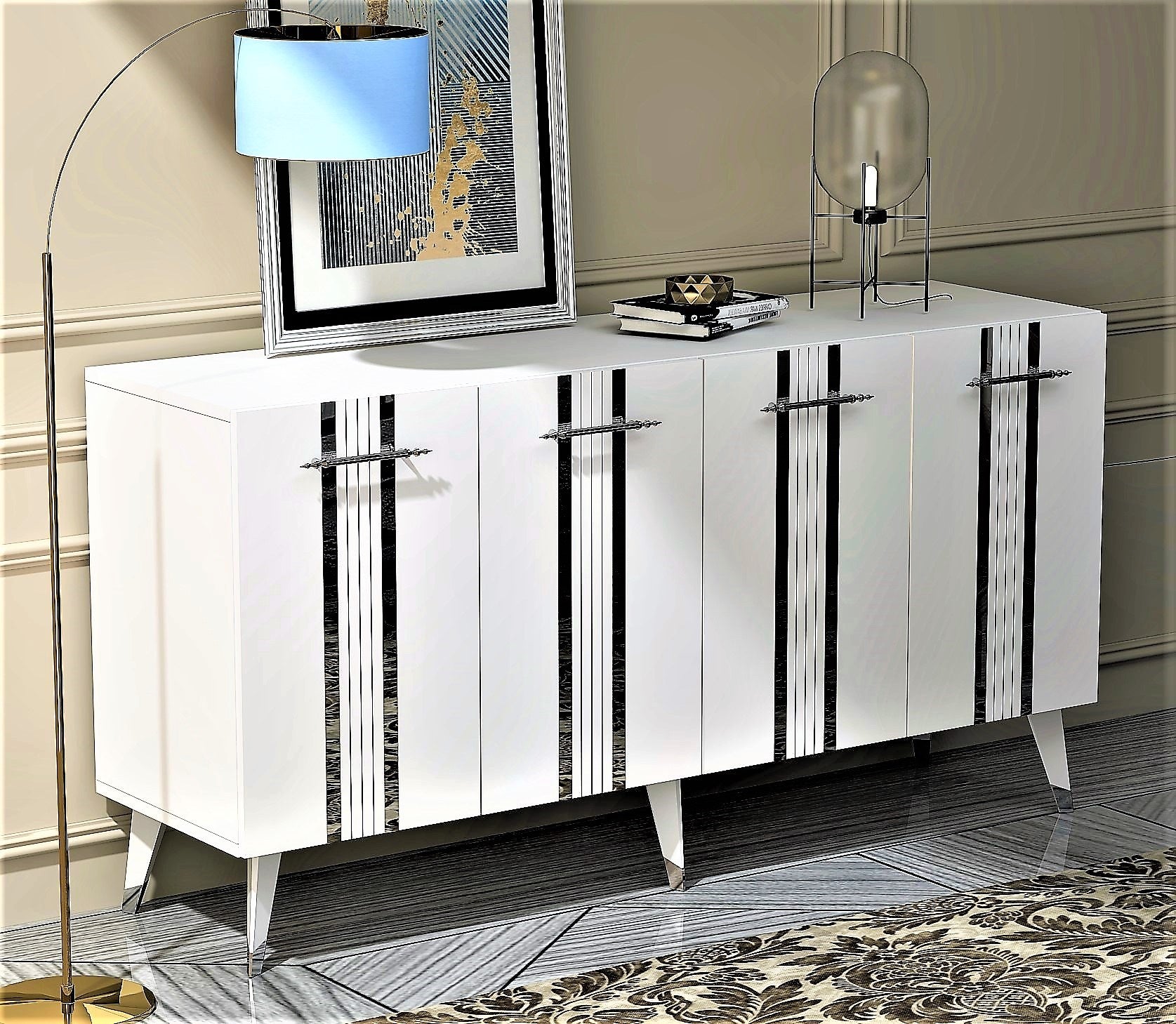 Aparador – 150 cm x 80 cm x 40 cm – Branco e Prata – Melamina