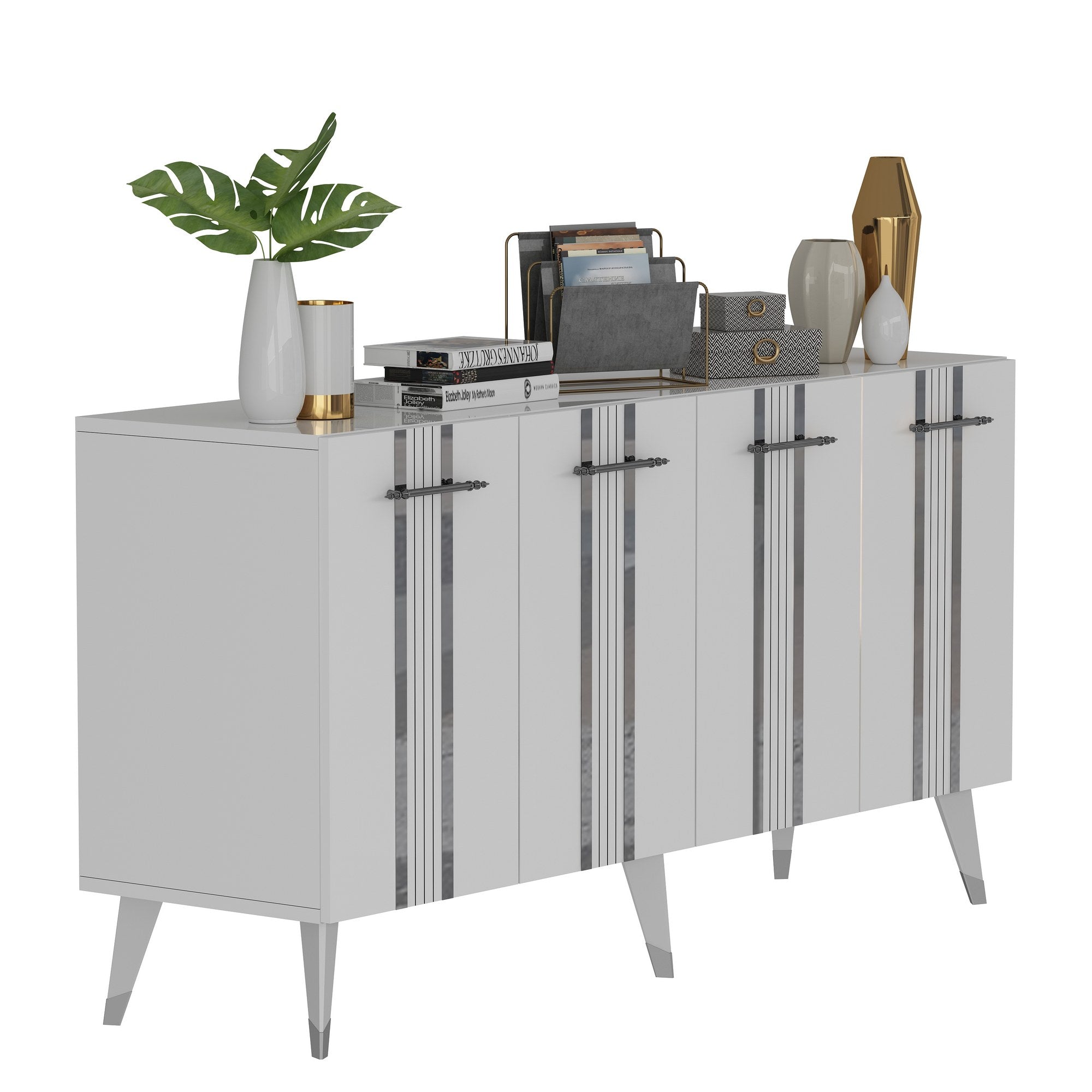 Aparador – 150 cm x 80 cm x 40 cm – Branco e Prata – Melamina