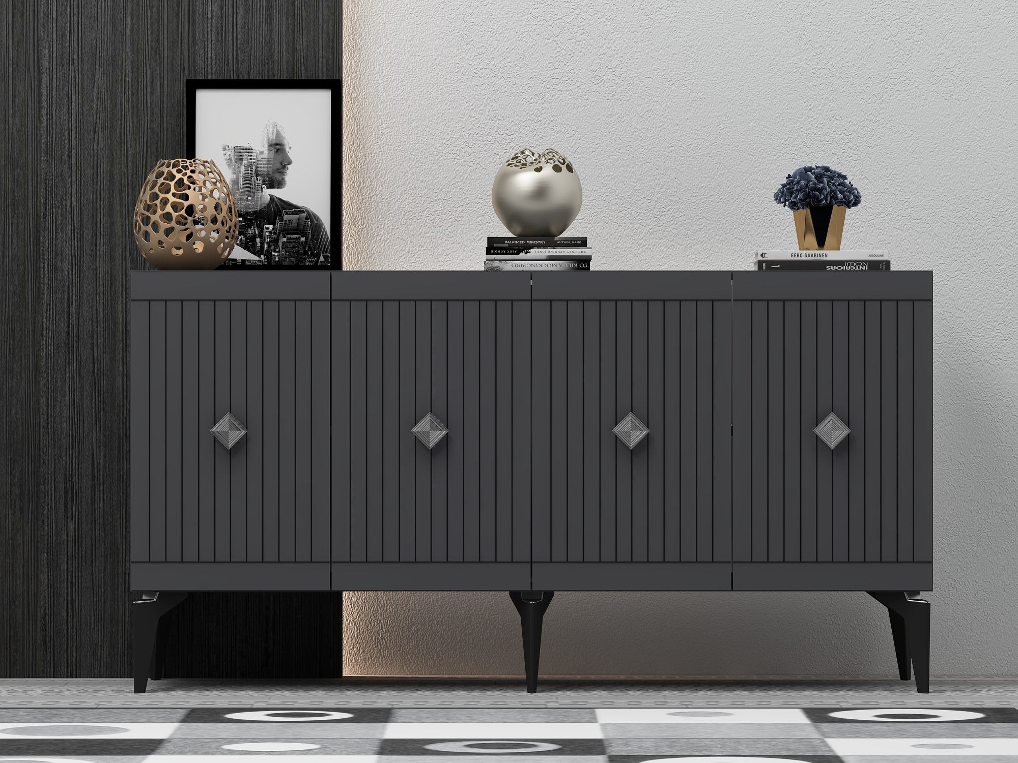 Aparador – 150 x 79 x 40 cm – Antracite e Prata – Painel de Partículas