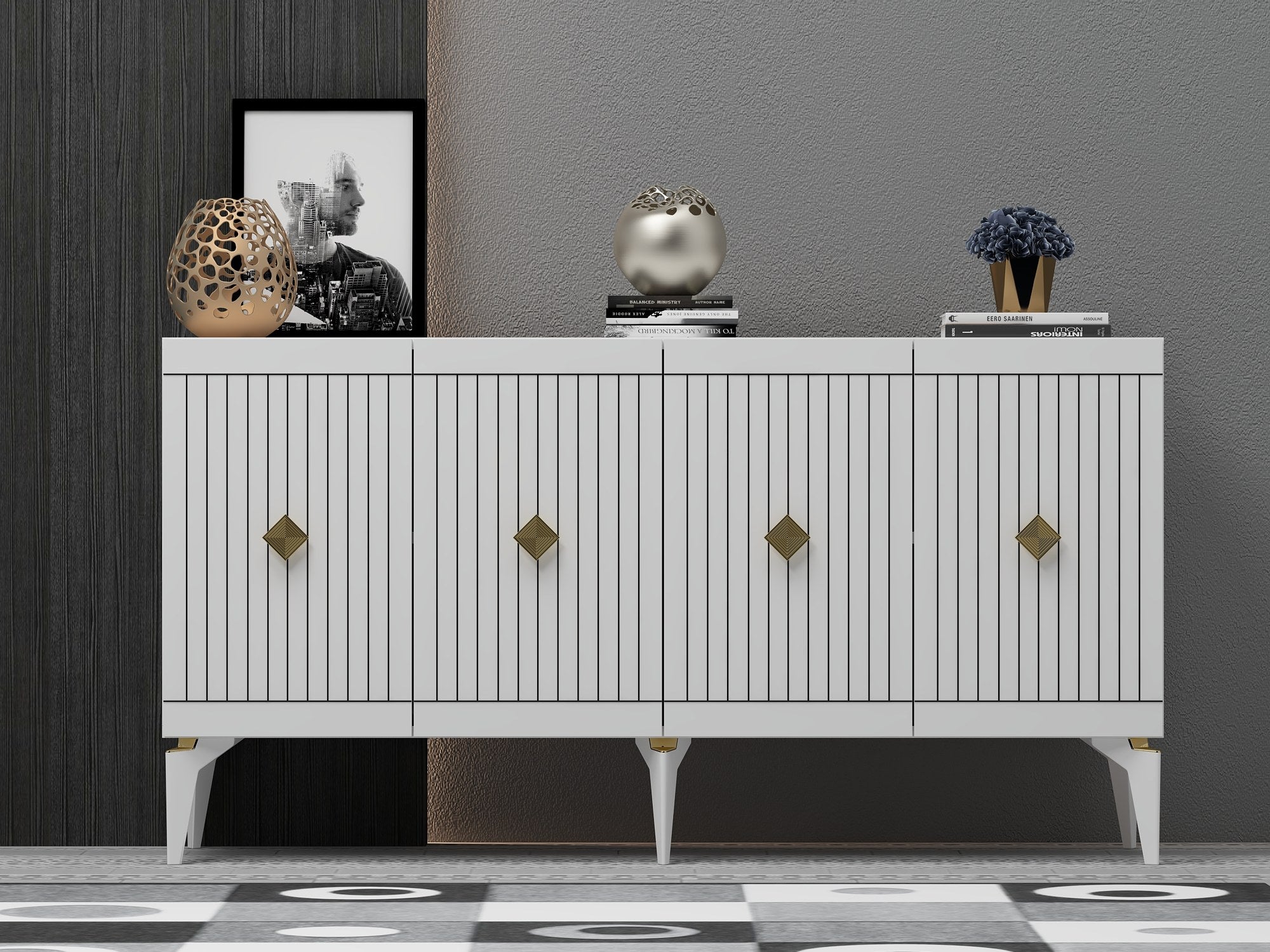 Aparador – 150 x 79 x 40 cm – Branco e Dourado – Painel de Partículas revestido a Melamina