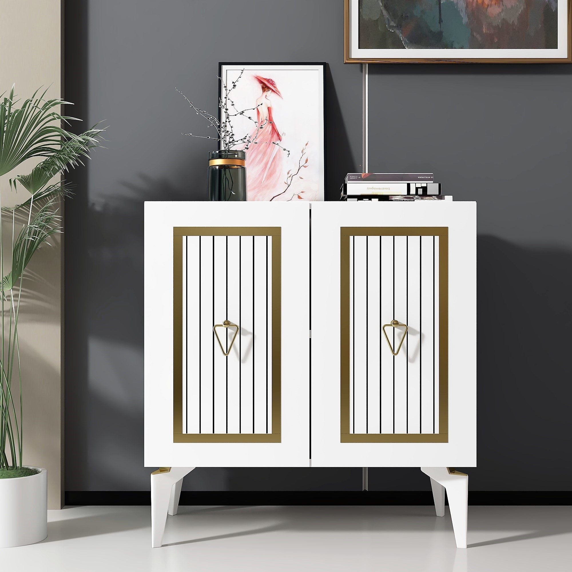 Aparador – 75 x 79 x 40 cm – Branco e Dourado – Painel de Partículas Revestido a Melamina