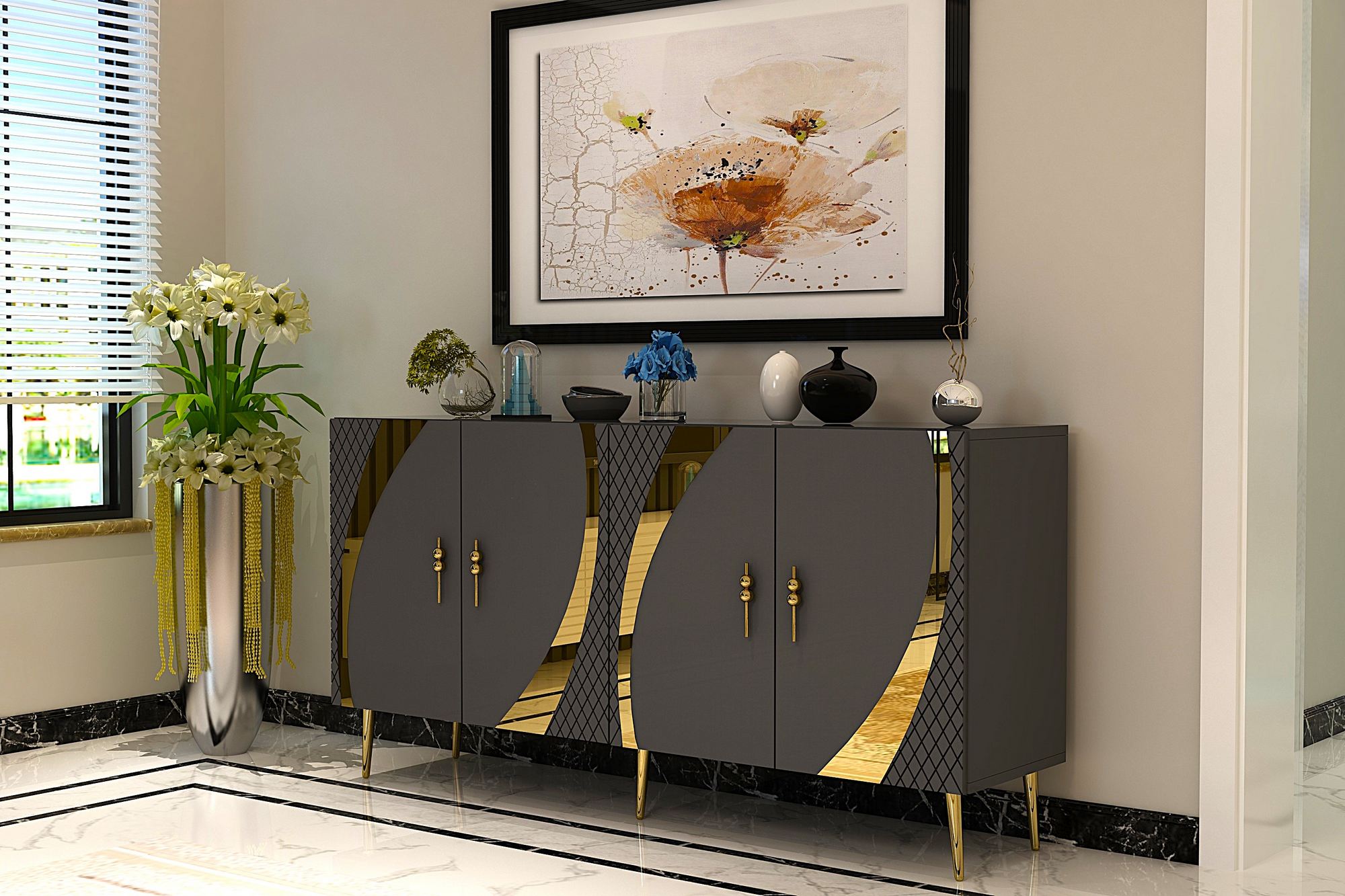 Aparador – 150 cm – Antracite e Dourado – Painéis de Partículas