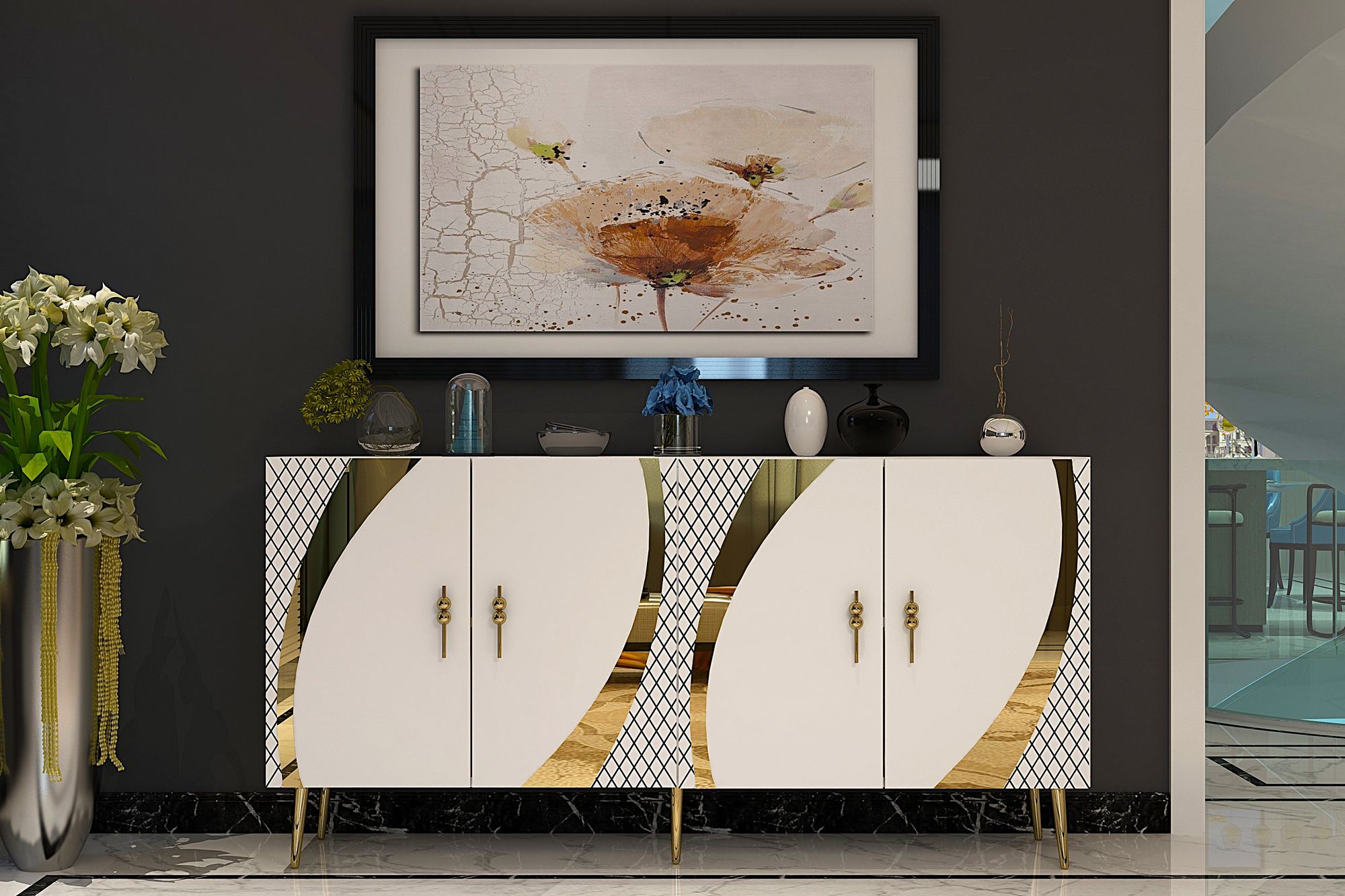 Aparador – 150cm x 75cm x 35cm – Branco e Dourado – Painel de partículas revestido a melamina