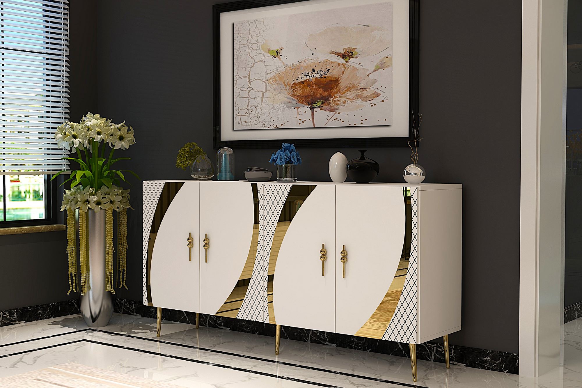 Aparador – 150cm x 75cm x 35cm – Branco e Dourado – Painel de partículas revestido a melamina