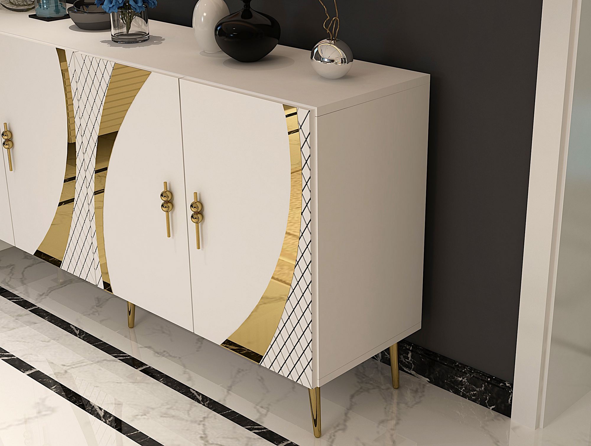 Aparador – 150cm x 75cm x 35cm – Branco e Dourado – Painel de partículas revestido a melamina